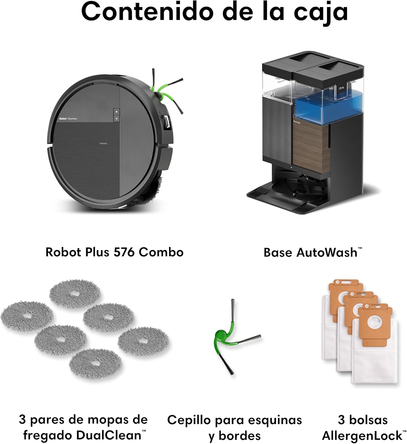 iRobot Roomba Plus 576 Combo y Base AutoWash multifunción, 25KPa, Mopas DualClean PerfectEdge, Lavado/Secado Calor, IA, PrecisionVision, Clearview Pro LiDAR, 90 días autonomía,Accesorios Extra, Negro