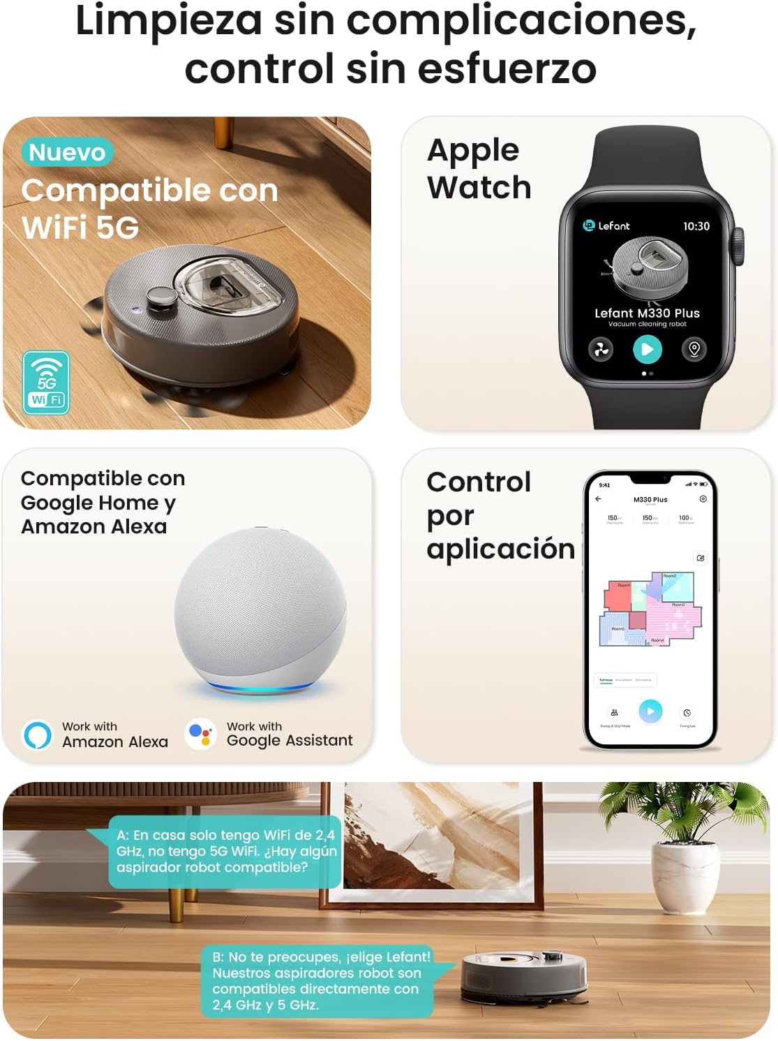 Lefant M330 Plus Robot Aspirador y Fregasuelos 3 en 1, 5000 Pa de Potencia, Navegación dToF, 150 min de Autonomía, Anti-enredos para Mascotas, WiFi/App/Alexa, Gris