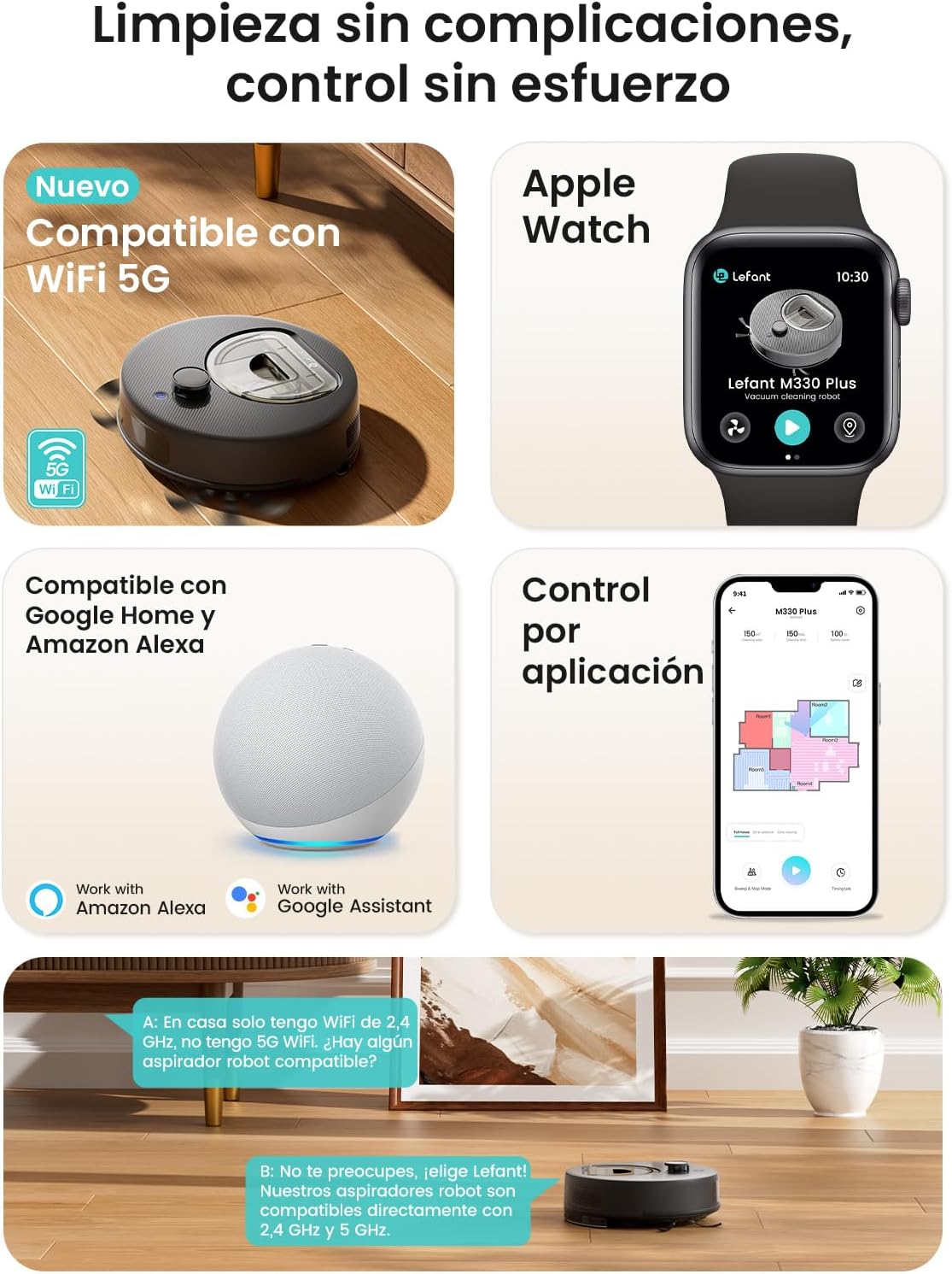 Lefant M330 Plus Robot Aspirador y Fregasuelos 3 en 1, 150 min, 5000 Pa, Navegación dToF, Depósito 450 ml, Carga Automática, Robot Aspirador para Alfombras, WiFi/App/Alexa, Negro
