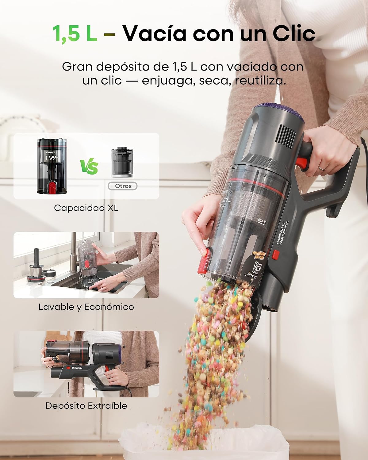 FAMIVAC FV2 Aspiradora con Cable, 65Kpa/600W Aspirador Potente con Cepillo para Colchón, 1,3KG Ligera, Cable 7M, 1,5L, Cepillo Antienredos & Autoportante para Alfombras, Suelos, Pelos de Mascotas