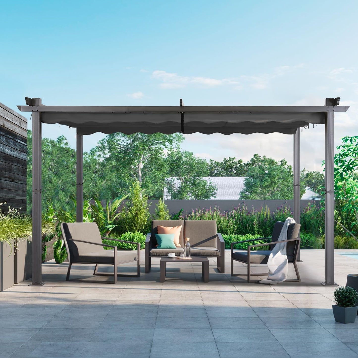 Angel Living Pérgola de Aluminio de 3 x 4 m con Techo retráctil, Pabellón con Diseño Elegante, Cenador con Tela de Poliéster Resistente al Agua y a UV, para Exteriores, Patio, jardín (Gris, 3 x 4)