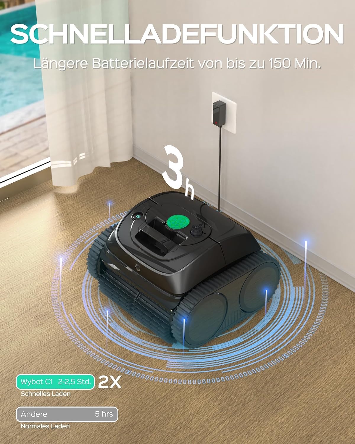 WYBOT C1-Plus Robot Piscina Limpiafondos y Paredes, para Piscinas enterradas y elevadas, 160min autonomía, Limpieza 4-en-1 (160m²), Navegación Inteligente & App, Negro Tinta