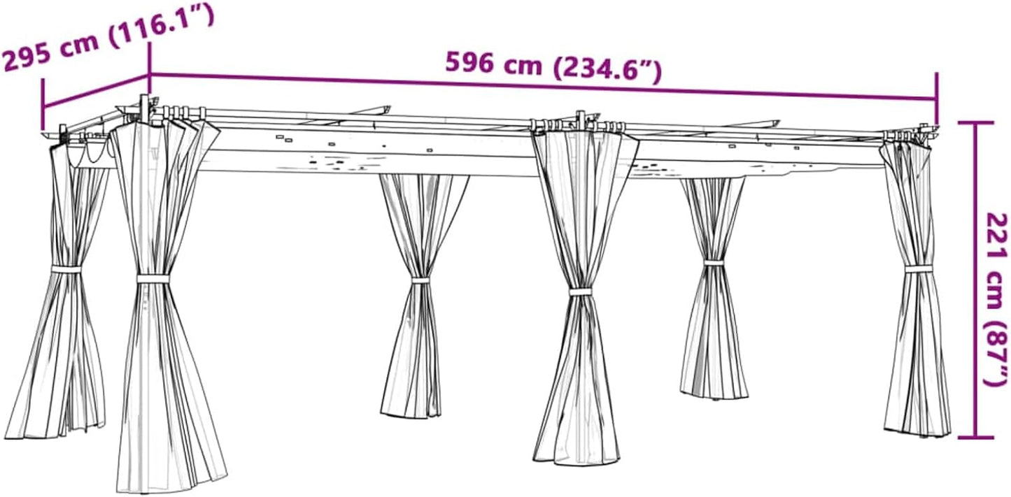 Pérgola de Jardín con Techo y Cortinas, Pérgola de Aluminio 6x3 m, Cenador de Jardín con Techo Retráctil, Poliéster Resistente al Agua y a UV para Patio Terraza Exterior Taupe