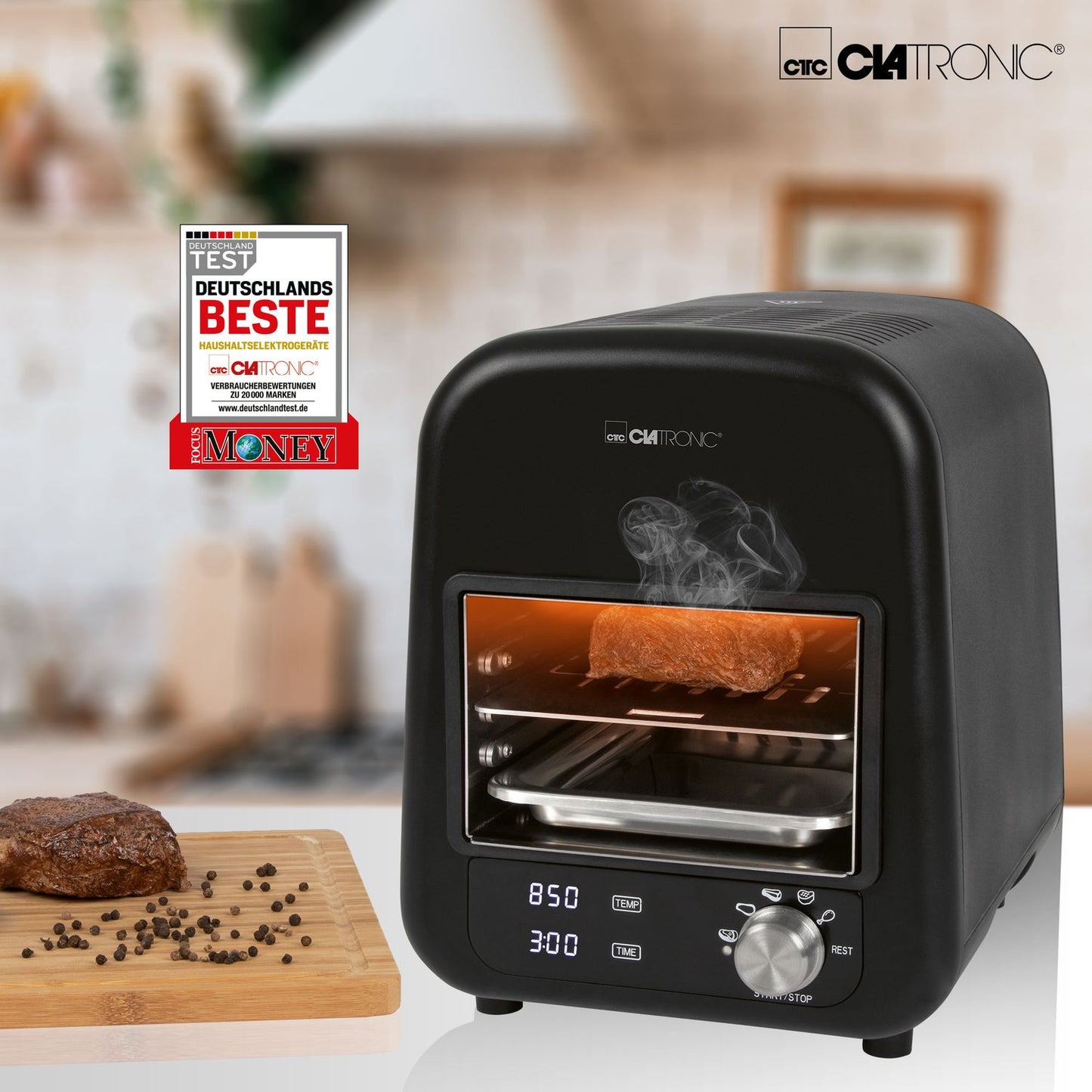 Barbacoa Grill Eléctrica Infrarrojos, Parrilla Cerámica, 5 Programas Cocinado, 850ºc, Interior Negro 1600w Clatronic Ebg 3760