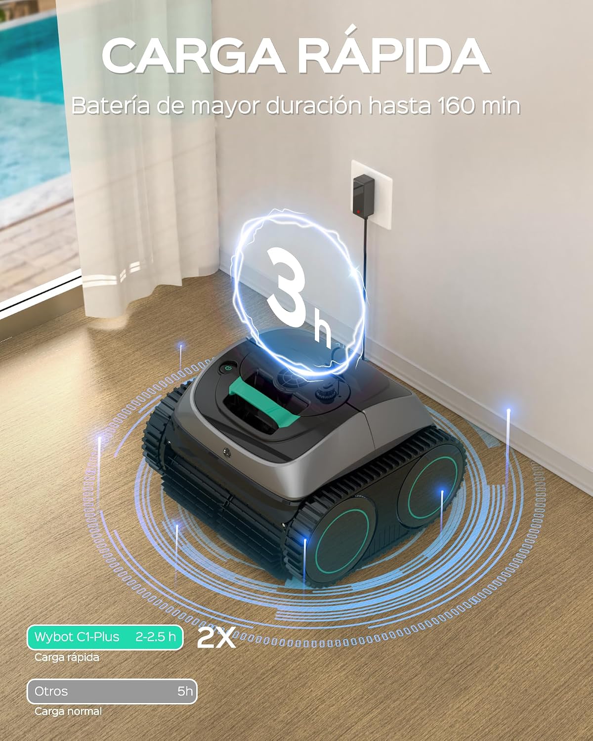 WYBOT C1-Plus Robot Piscina Limpiafondos y Paredes, para Piscinas enterradas y elevadas, 160min autonomía, Limpieza 4-en-1 (160m²), Navegación Inteligente & App, Verde Gris