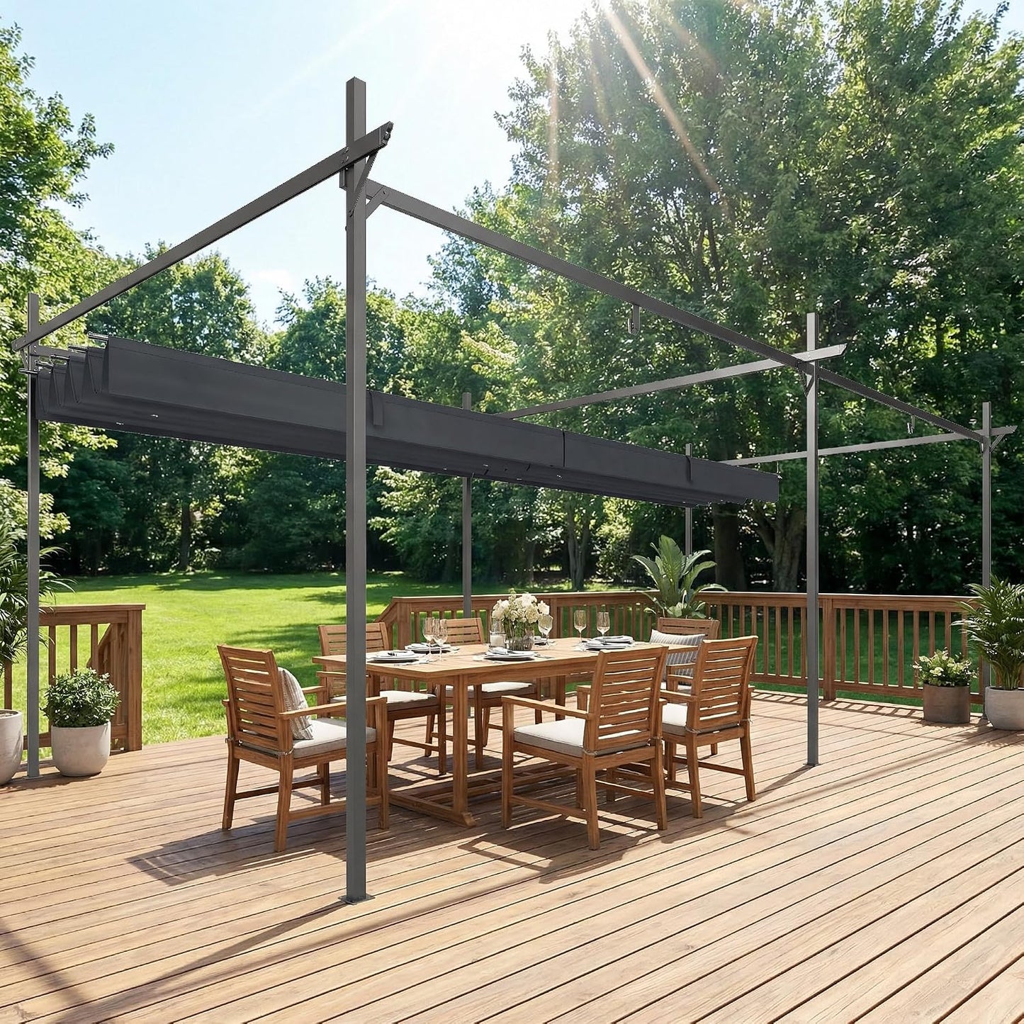 Outsunny Pérgola de Jardín 6x3 m con Techo Retráctil, Cenador de Jardín con UPF30+, Estructura Metálica, Tela de Poliéster, Pabellón para Exterior, Terraza, Gris Oscuro