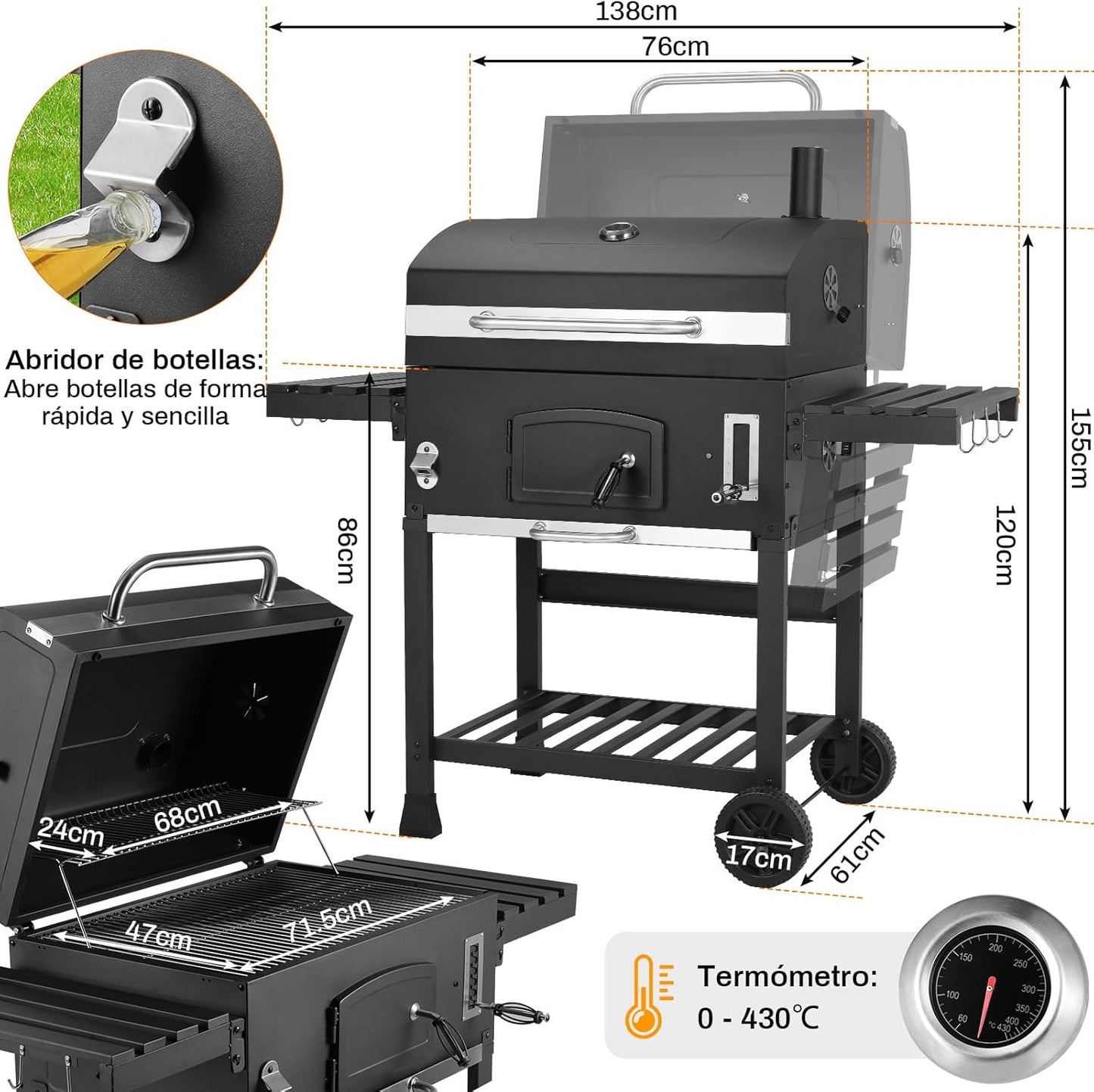 Barbacoa de Carbon XXL, Parrilla de Carbón con Chimenea y Tapa, Parrilla con Carrito BBQ Smoker con Ruedas y Termómetro, Grande BBQ Carbon para Camping y Jardín