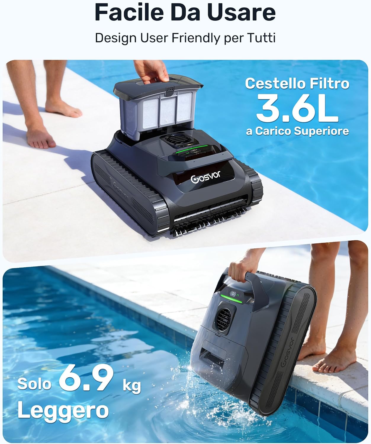Gosvor LiteVac G1 Robot Limpiafondos Piscina,7kg,200min Autonomía,Doble Filtración,Control de la App,200m²,Gris
