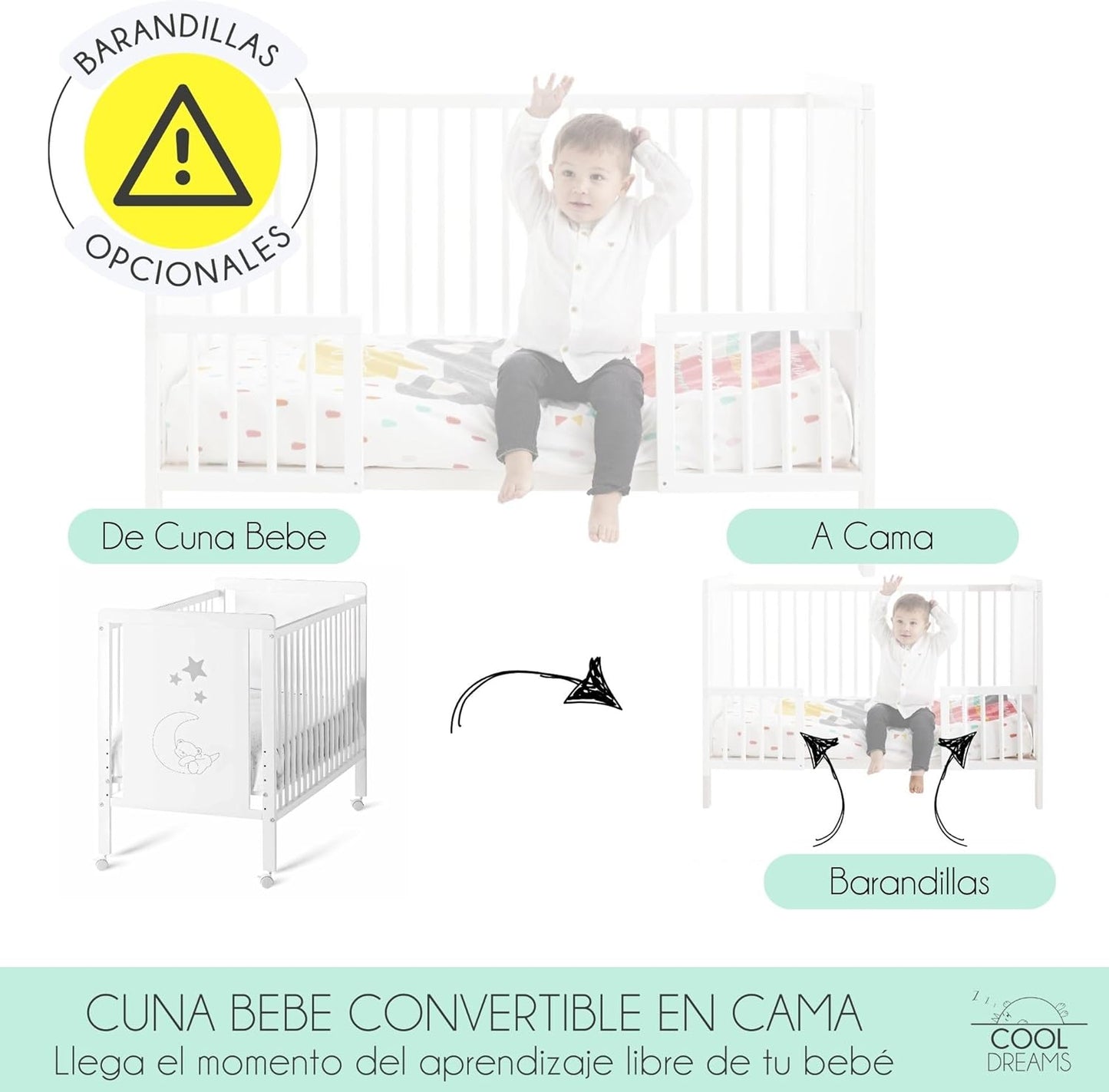Cuna Colecho de Bebe, Kit para Unir la Cuna con la Cama, Colchón HR Morfeo Certificado Oeko-Tex® y CertiPUR, 4 Ruedas, Sábana Bajera y Encimera de Algodón Natural. Indi CoolDreams CoolDreams