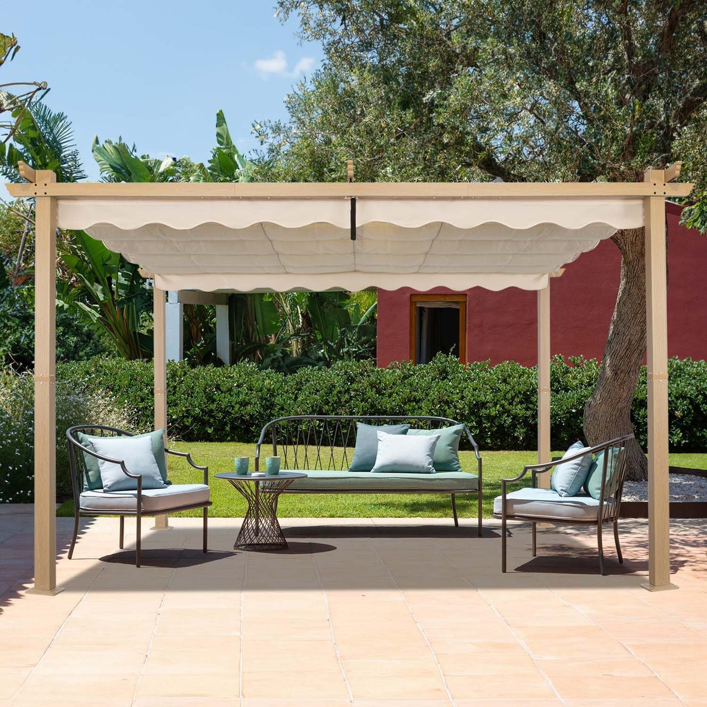 Angel Living Pergola de Aluminio, Deslizante Retráctil, Tejido de Poliéster de Alta Densidad Repelente al Agua y Resistente a los Rayos UV, Cobertizo para Jardín, Terraza Beige (3 x 4)