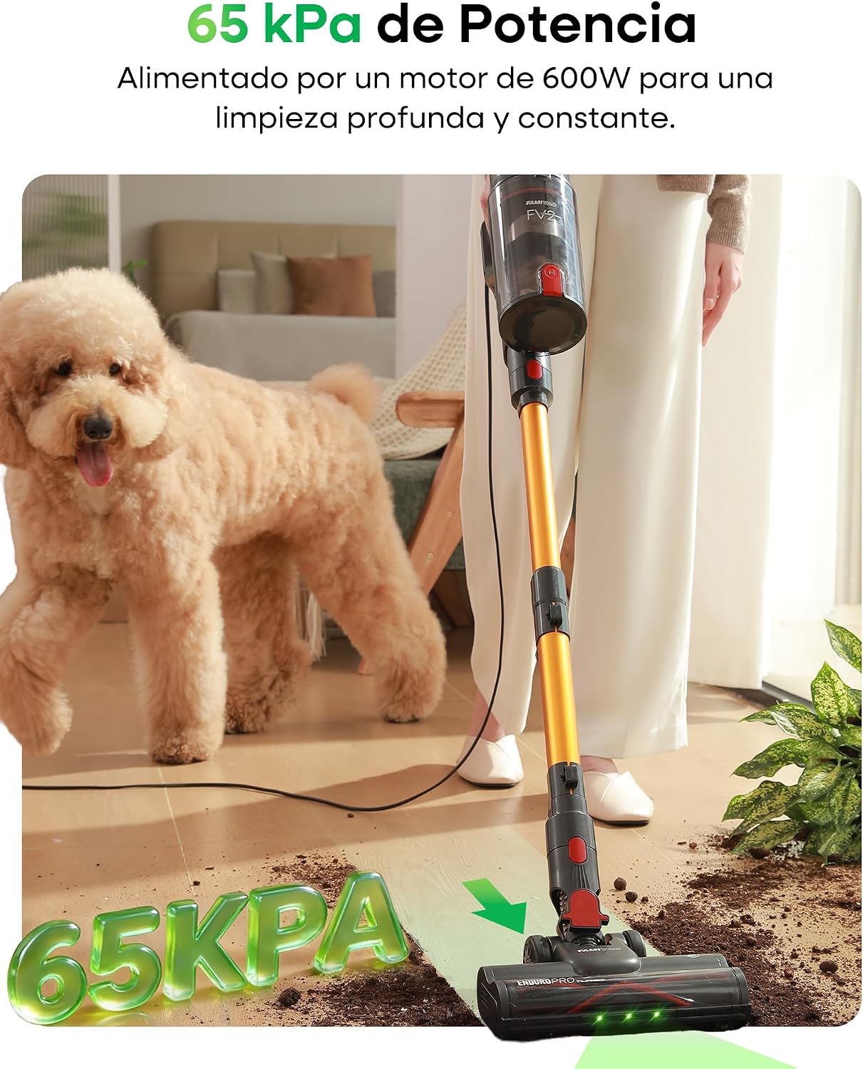 FAMIVAC FV2 Aspiradora con Cable, 65Kpa/600W Aspirador Potente con Cepillo para Colchón, 1,3KG Ligera, Cable 7M, 1,5L, Cepillo Antienredos & Autoportante para Alfombras, Suelos, Pelos de Mascotas