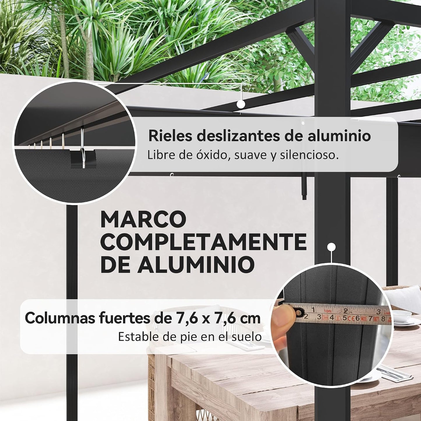 Outsunny Pérgola de Jardín 3x3 m con Techo Retráctil, Pared Lateral Enrollable y Estructura de Aluminio, Cenador de Jardín con UPF30+, Pabellón para Exterior, Patio, Terraza, Gris Oscuro