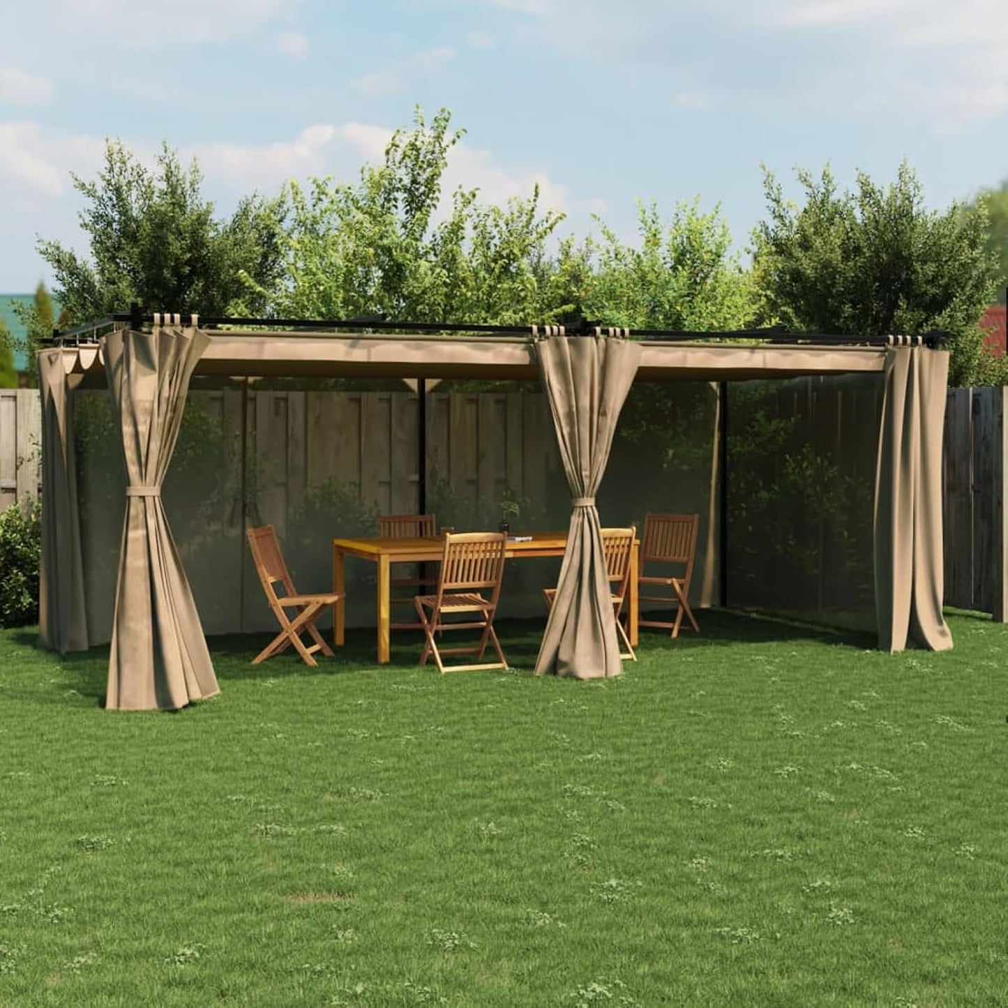 Pérgola de Jardín con Techo y Cortinas, Pérgola de Aluminio 6x3 m, Cenador de Jardín con Techo Retráctil, Poliéster Resistente al Agua y a UV para Patio Terraza Exterior Taupe