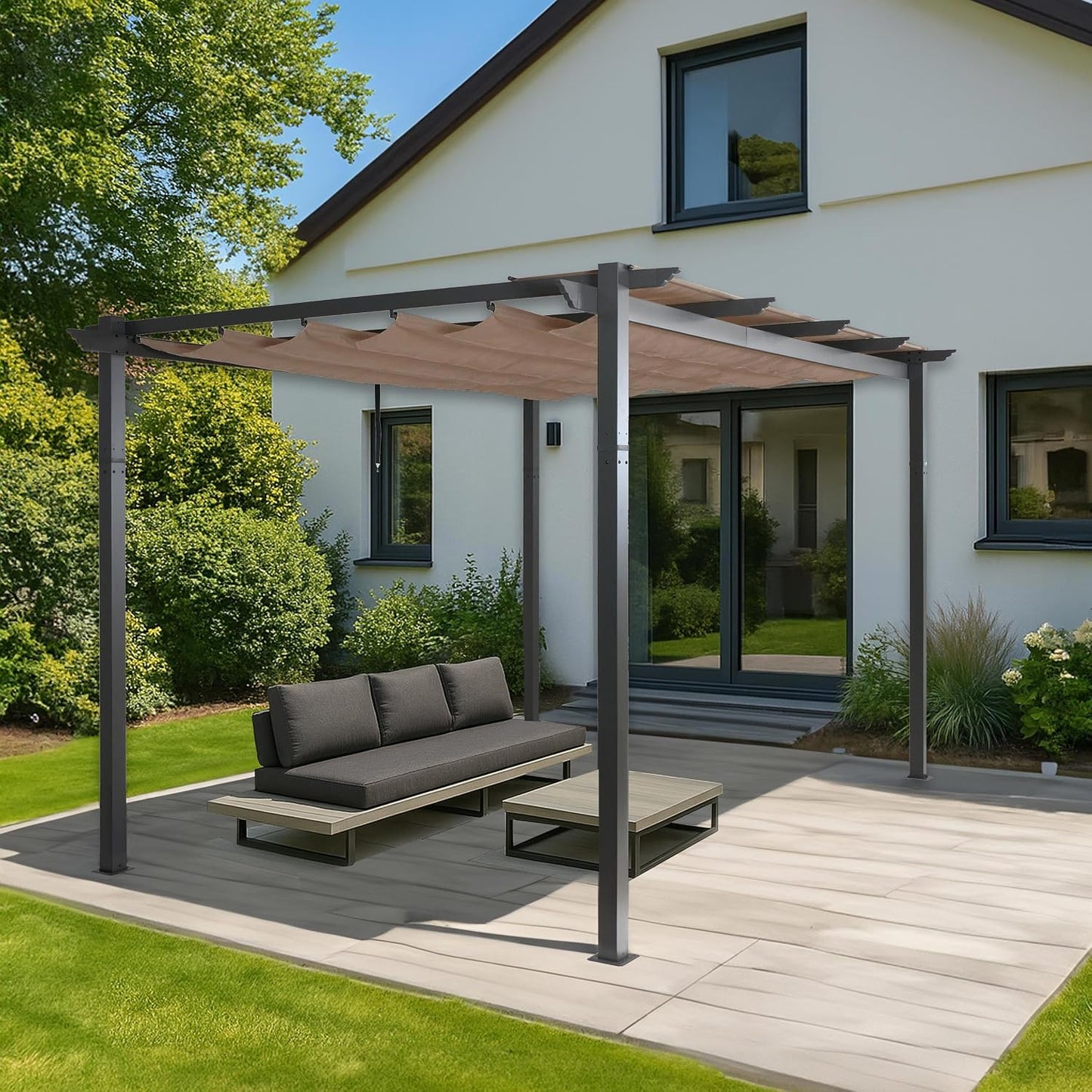Pérgola de aluminio HWC-N93, cenador para jardín, estable estructura de 8 cm, techo solar UV50+ 3 x 4 m, color topo