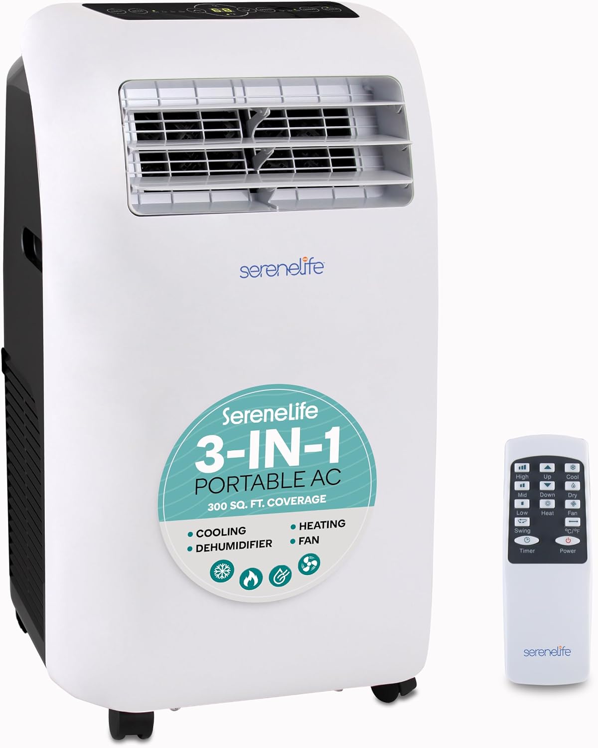 SereneLife Aire acondicionado portátil 4 kW 9000 BTU – L52 dB Aire acondicionado silencioso para dormitorios de hasta 20 m², agradable refrigeración en días calurosos, con deshumidificador, ventilador