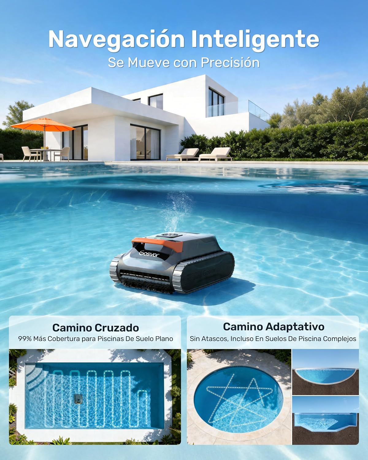 Gosvor (Nuovo 2026 Robot Piscina Limpiafondos y Paredes, Doble Filtración, Planificación Inteligente Rutas, 5 Modos, Control App, 200Min Autonomía, Línea Agua y Zona Poco Profunda,Gris Naranja