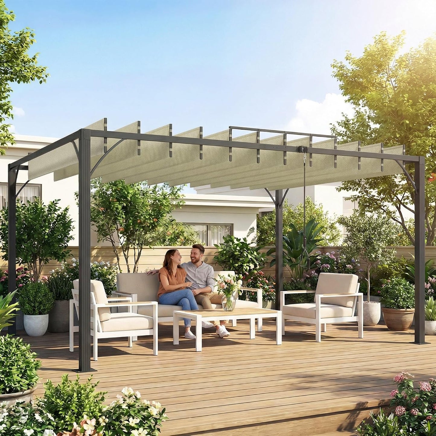 Outsunny Pérgola de Jardín 3x4 m, Cenador de Jardín con Techo de Lamas Orientables a 135°, Columna de Aluminio, Vigas de Hierro, Protección UPF30+, Pabellón para Exterior, Patio, Terraza, Blanco Crema