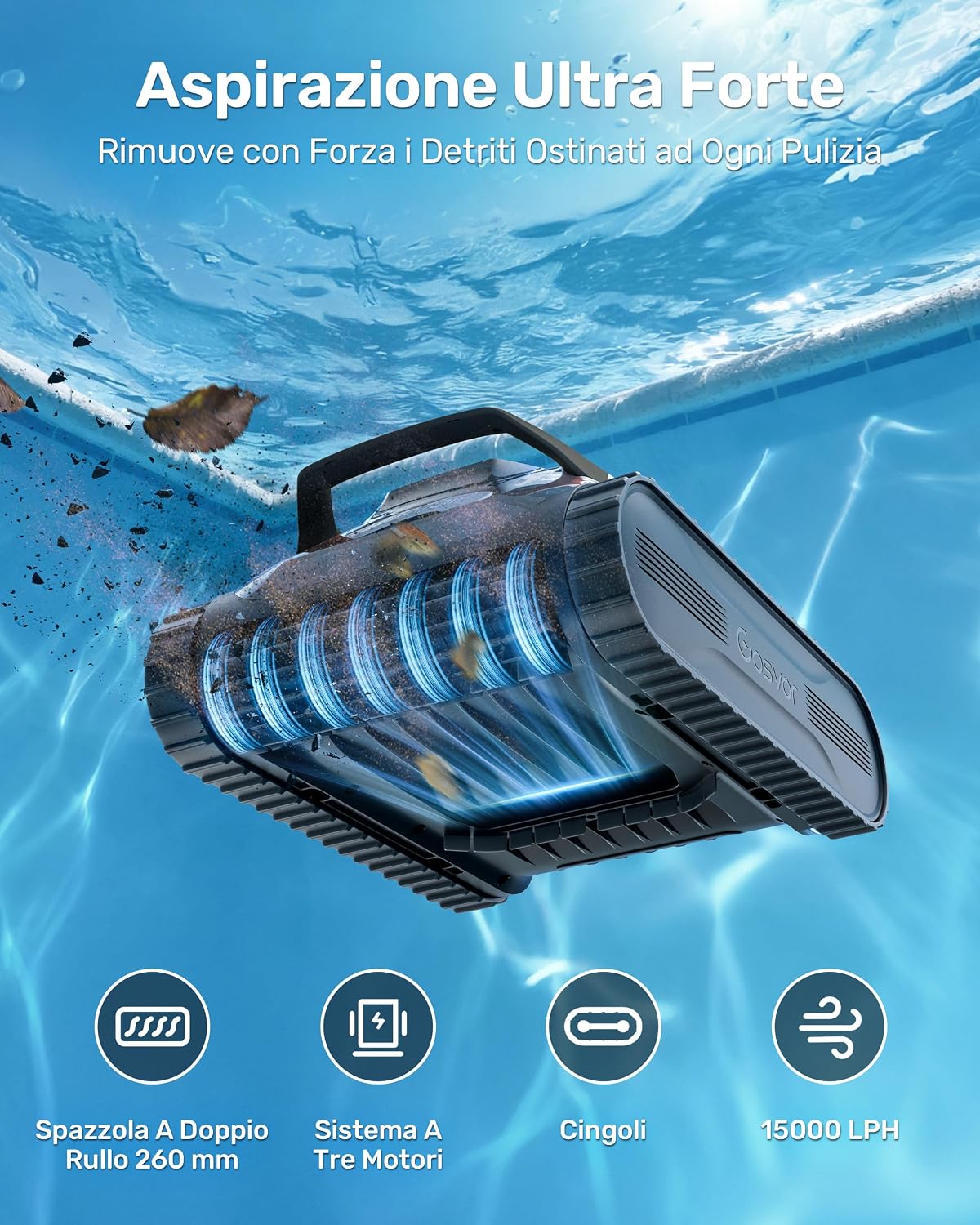 Gosvor LiteVac G1 Robot Limpiafondos Piscina,7kg,200min Autonomía,Doble Filtración,Control de la App,200m²,Gris