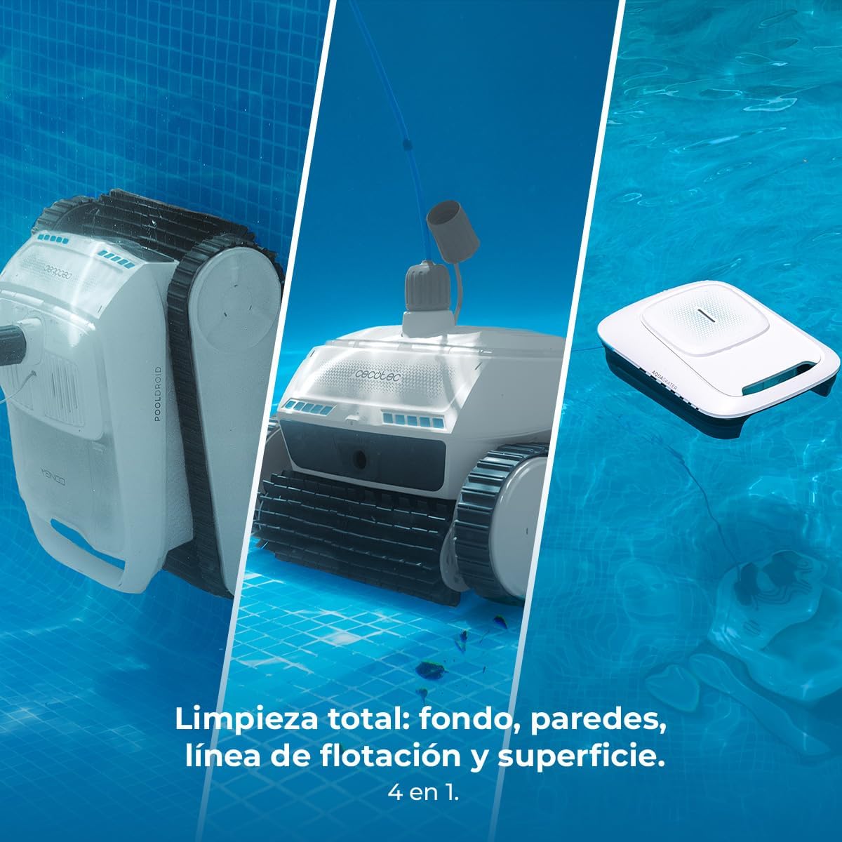 Cecotec Robot Limpiapiscinas para Fondos, Paredes, Línea de Flotación y Superficie Conga Pooldroid 10000 TotalClean AquaSkater. 300m2, Limpieza Ordenada, Autonomía 150mins, Capacidad 4L, App y Mando