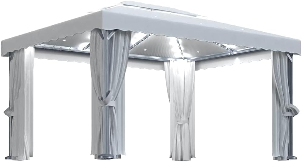 vidaXL Cenador con Cortina y Tira de Luces Lateral Pérgola Jardín Patio Toldo Sombrilla Parasol Tienda Carpa Marquesina Aluminio Crema 4x3 m