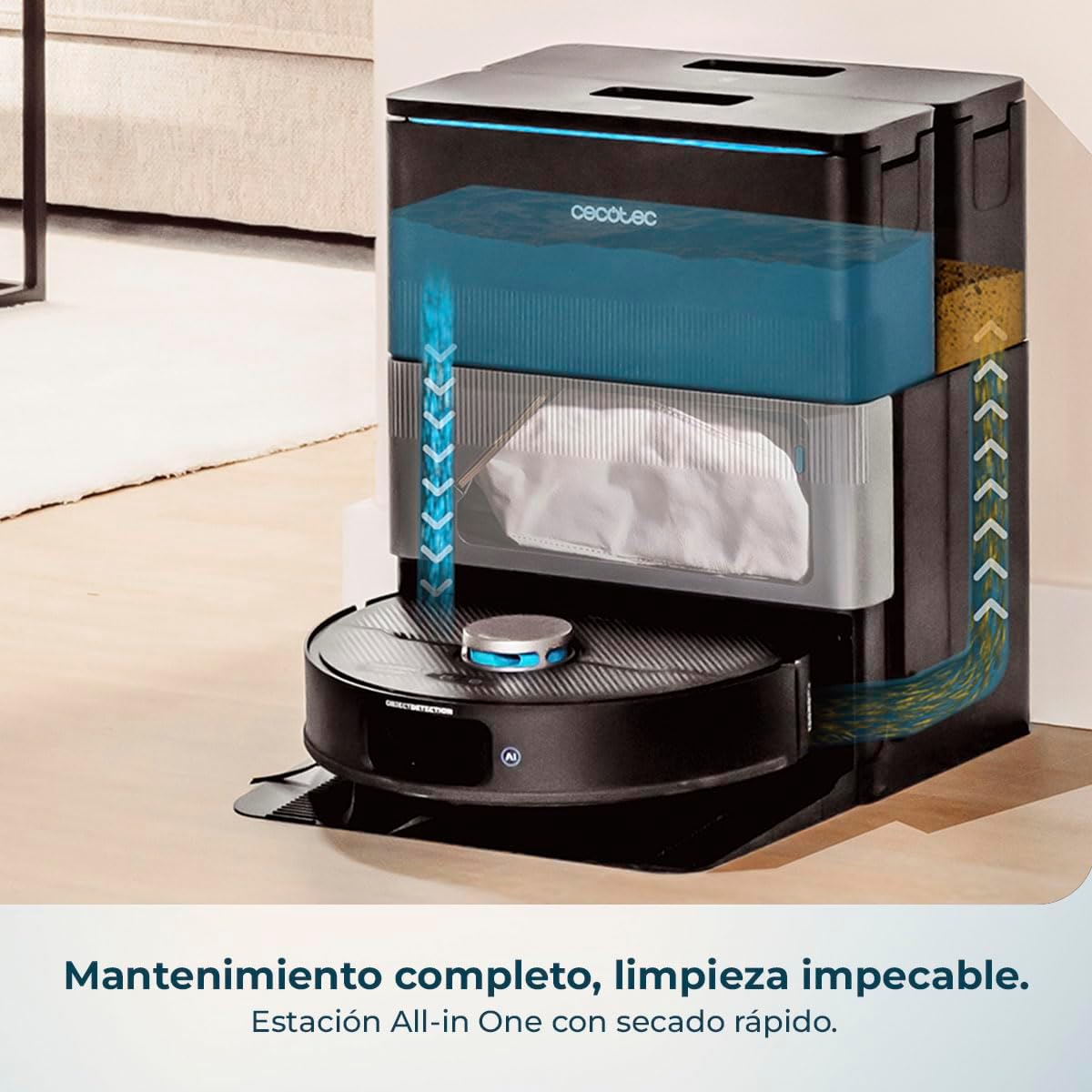 Cecotec Robot Aspirador y Friegasuelos con IA y Base Autovaciado Conga X70 | Motor de Succión 15000Pa, Base 4 en 1, Tecnología Láser, Mopas Giratorias, Cepillo Lateral, App y Bluetooth