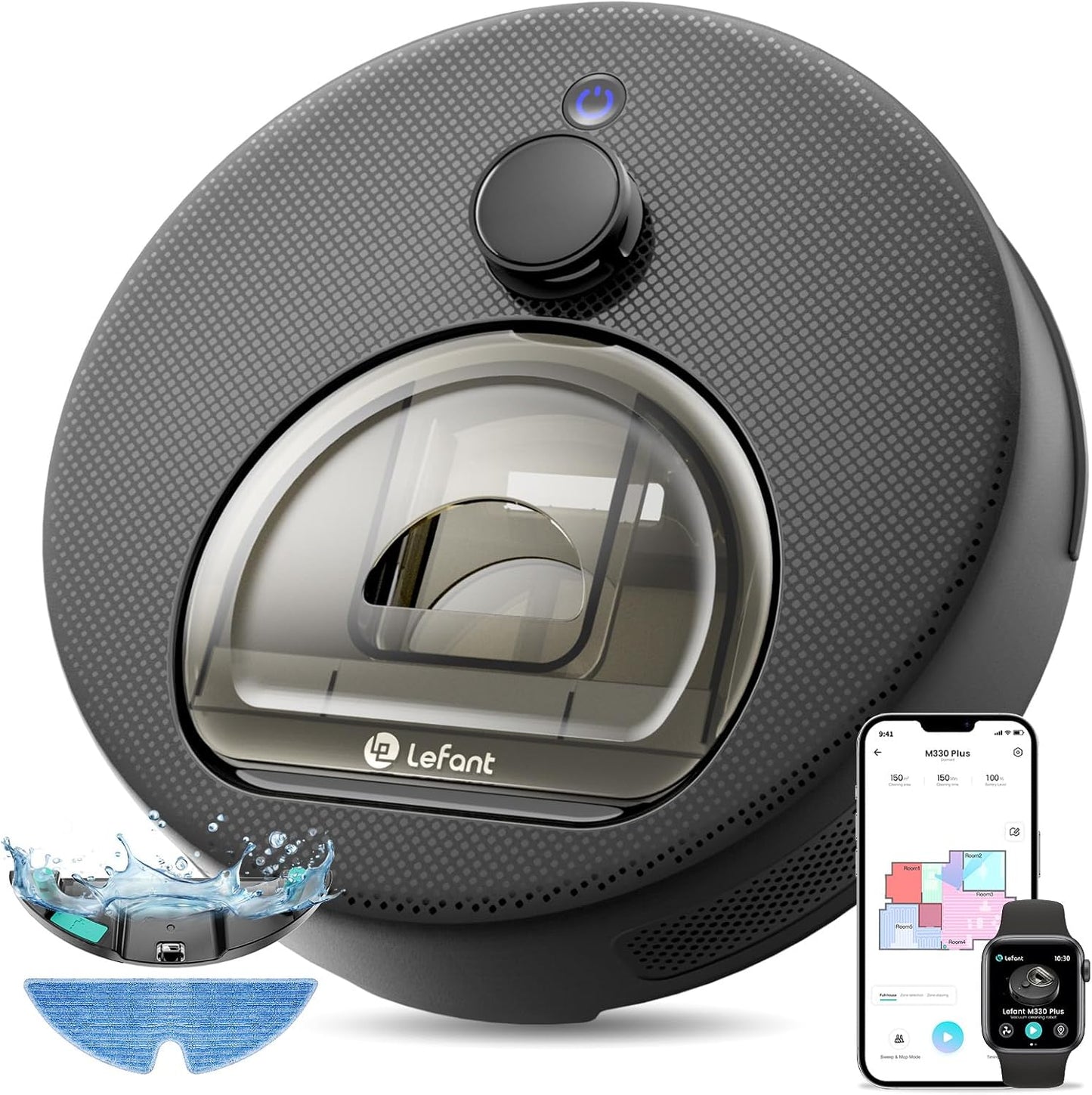 Lefant M330 Plus Robot Aspirador y Fregasuelos 3 en 1, 150 min, 5000 Pa, Navegación dToF, Depósito 450 ml, Carga Automática, Robot Aspirador para Alfombras, WiFi/App/Alexa, Negro