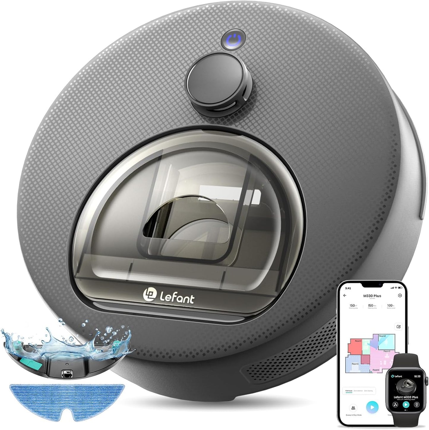 Lefant M330 Plus Robot Aspirador y Fregasuelos 3 en 1, 5000 Pa de Potencia, Navegación dToF, 150 min de Autonomía, Anti-enredos para Mascotas, WiFi/App/Alexa, Gris