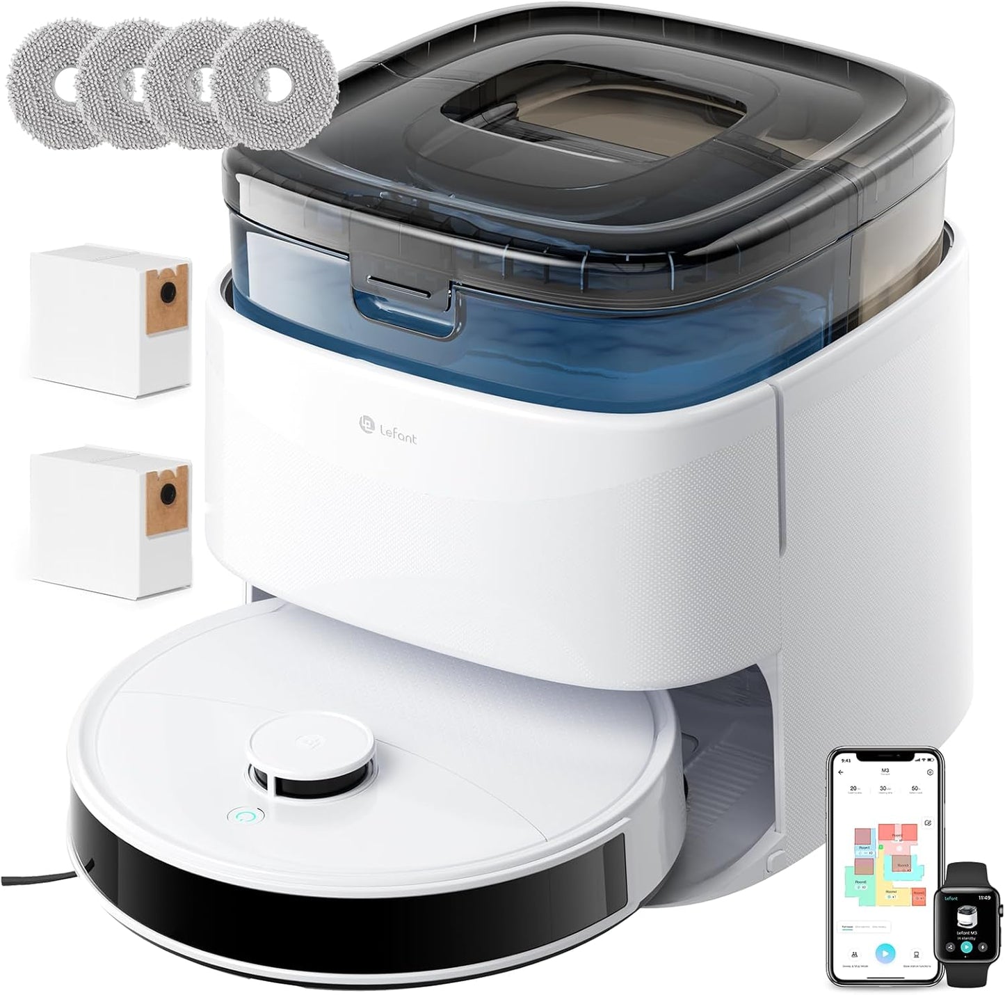 Lefant M3 Robot Aspirador y Fregasuelos, 12000Pa, 220min, Auto-Lavado/Secado, Vaciado Automático 3,2L, Fregona Dual Giratoria, Navegación dToF, para Mascotas, Cepillo Anti-Enredos, WiFi/App/Alexa