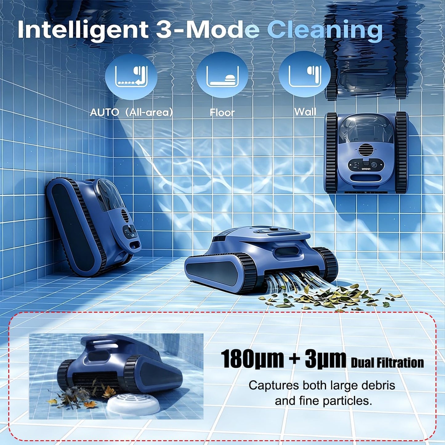 (Upgrade 2026) EVERCROSS BOT Robot Limpiafondos Piscina Batería, Limpiador Automático con Navegación IA, Flujo de 18.1 m³/h, Doble Filtro 3μm, Impermeable IPX8, Autonomía 180 Min