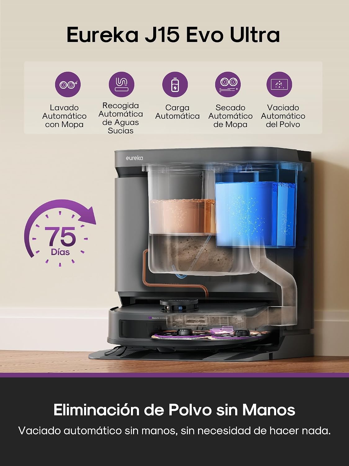 Eureka J15 EVO Ultra Gen2 Robot Aspirador y Fregasuelos 22KPa con Base Multifuncional, Autovaciado, Autolimpieza, Cepillo Antienredo, Secado Aire Caliente, Limpieza de Alfombras Versátil