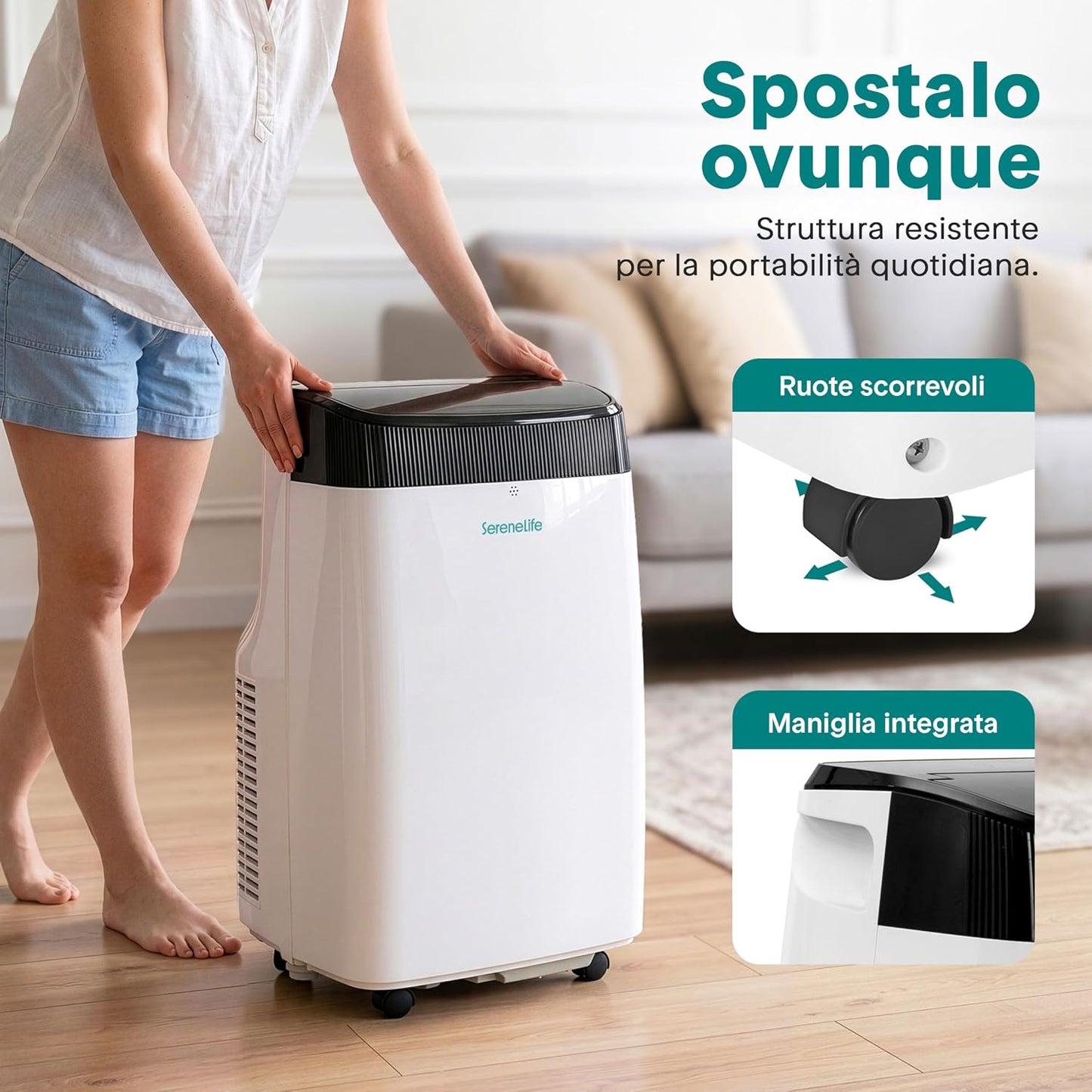 SereneLife Aire acondicionado portátil 3 en 1, deshumidificador integrado, ventilador, mando a distancia, kit de salida de ventana, 9,000 BTU, clase A