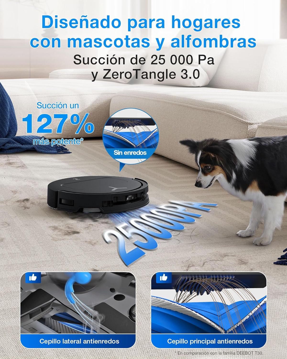 ECOVACS DEEBOT T50 Omni Gen3 Robot Aspirador y fregado, 25 000Pa, Cepillo mopa Extensibles, ZeroTangle 3.0, AIVI 3D 2.0, estación Omni Todo uno, Lavado con Agua Caliente a 75°C, Ultrafino 81mm, Negro