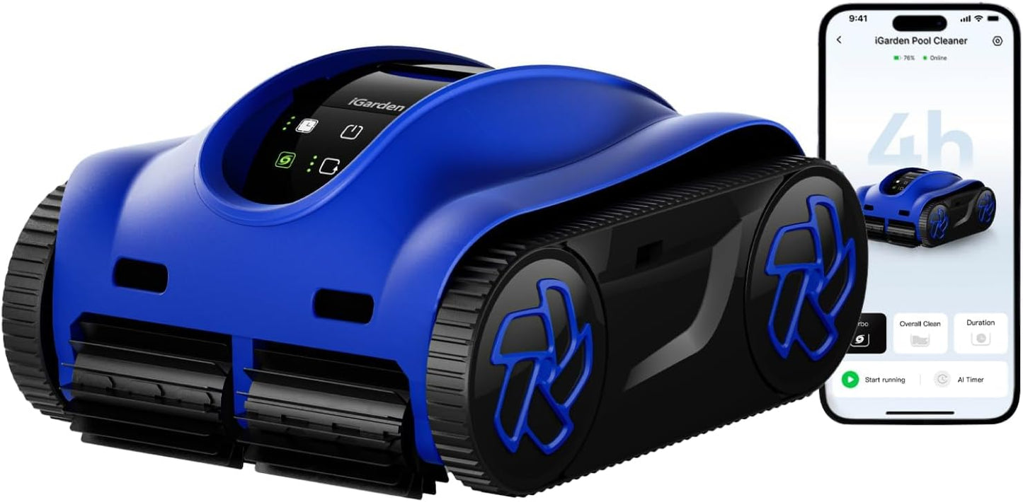 iGarden K Robot Piscina Limpiafondos y Paredes, Doble Filtración, 4H de autonomia, Control App, 5 Modos, Pantalla táctil, Temporizador IA, Navegación Inteligente y función Auto Parking