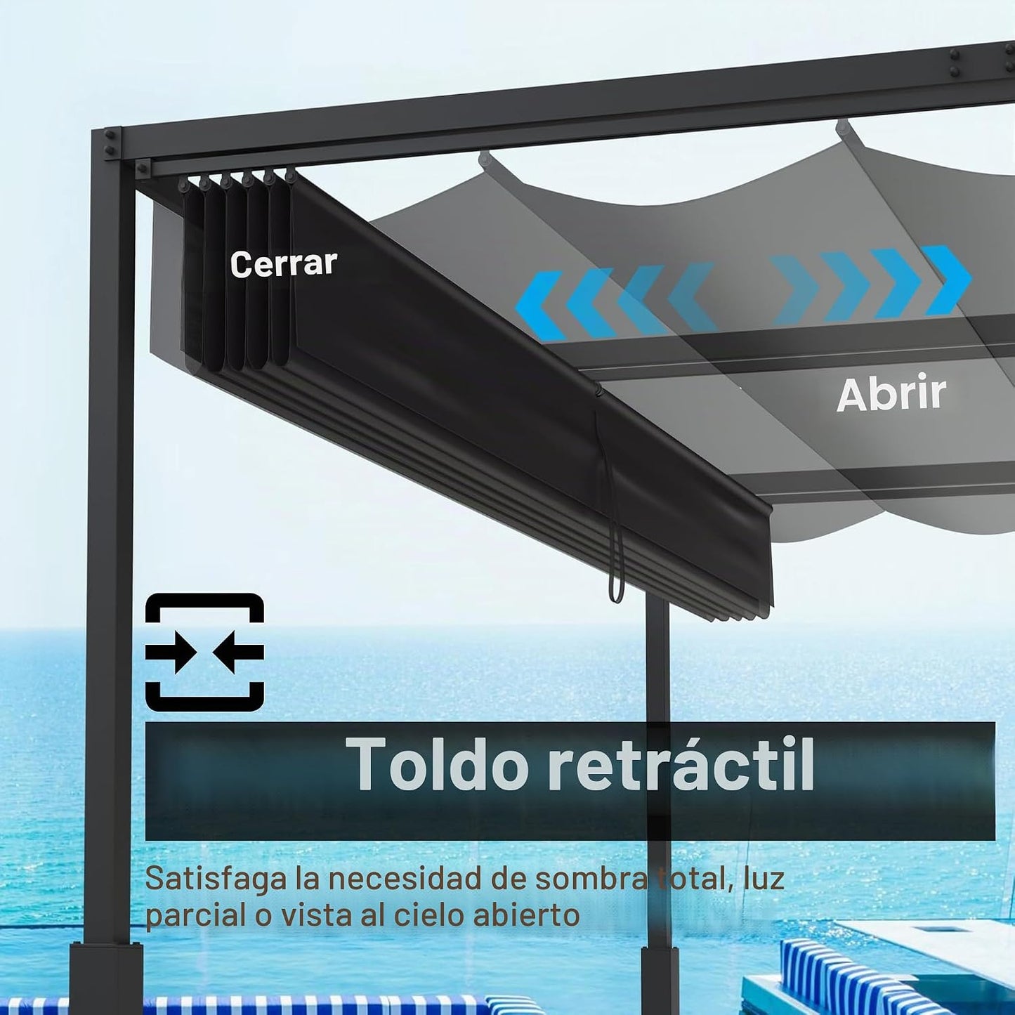 Pérgola de metal con techo solar, cenador estable de 3 x 4 m, para terraza, protección solar, para jardín, con columnas de metal robustas, para jardines, color negro