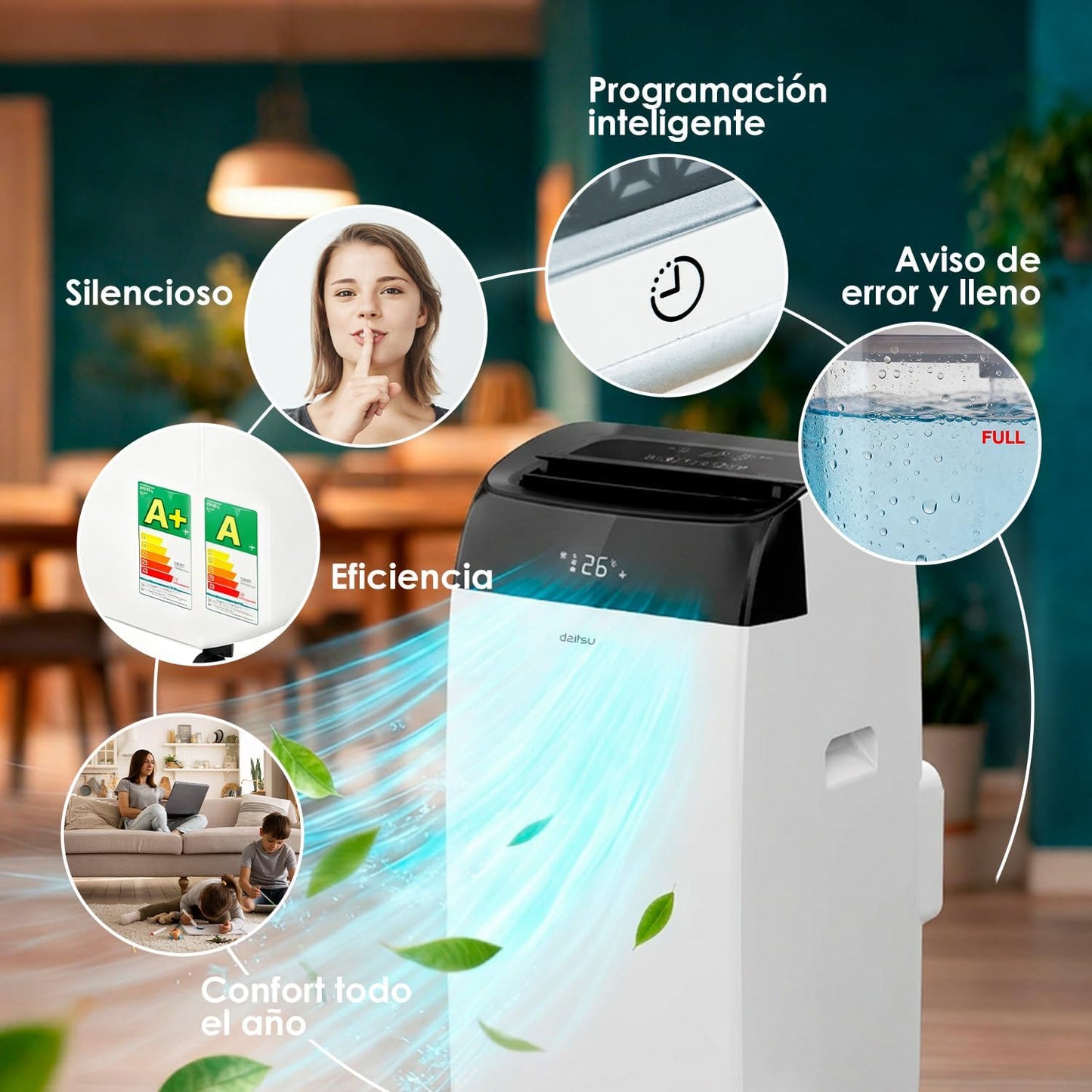Daitsu - Aire Acondicionado Portátil Frío,Calor, Deshumidificador y Ventilador | 4 en 1 | Alisios Premium APD12FCX | Compacto y Silencioso | Mando a Distancia | Para Hogar u Oficina hasta 30 m²