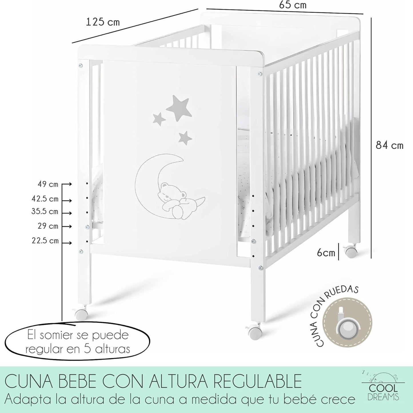 Cuna Colecho de Bebe, Kit para Unir la Cuna con la Cama, Colchón HR Morfeo Certificado Oeko-Tex® y CertiPUR, 4 Ruedas, Sábana Bajera y Encimera de Algodón Natural. Indi CoolDreams CoolDreams