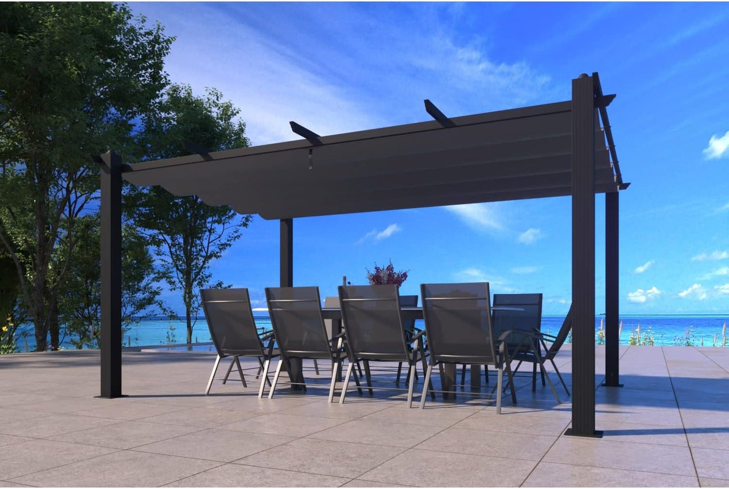 CONCEPT USINE | Pérgola Autoportante 4X3 m (12m²) - Estructura de Aluminio - Lona 100% Poliéster - Nila Gris - Lona Corredera Retráctil - Cenador de Jardín - para Terraza Exterior & Pabellón