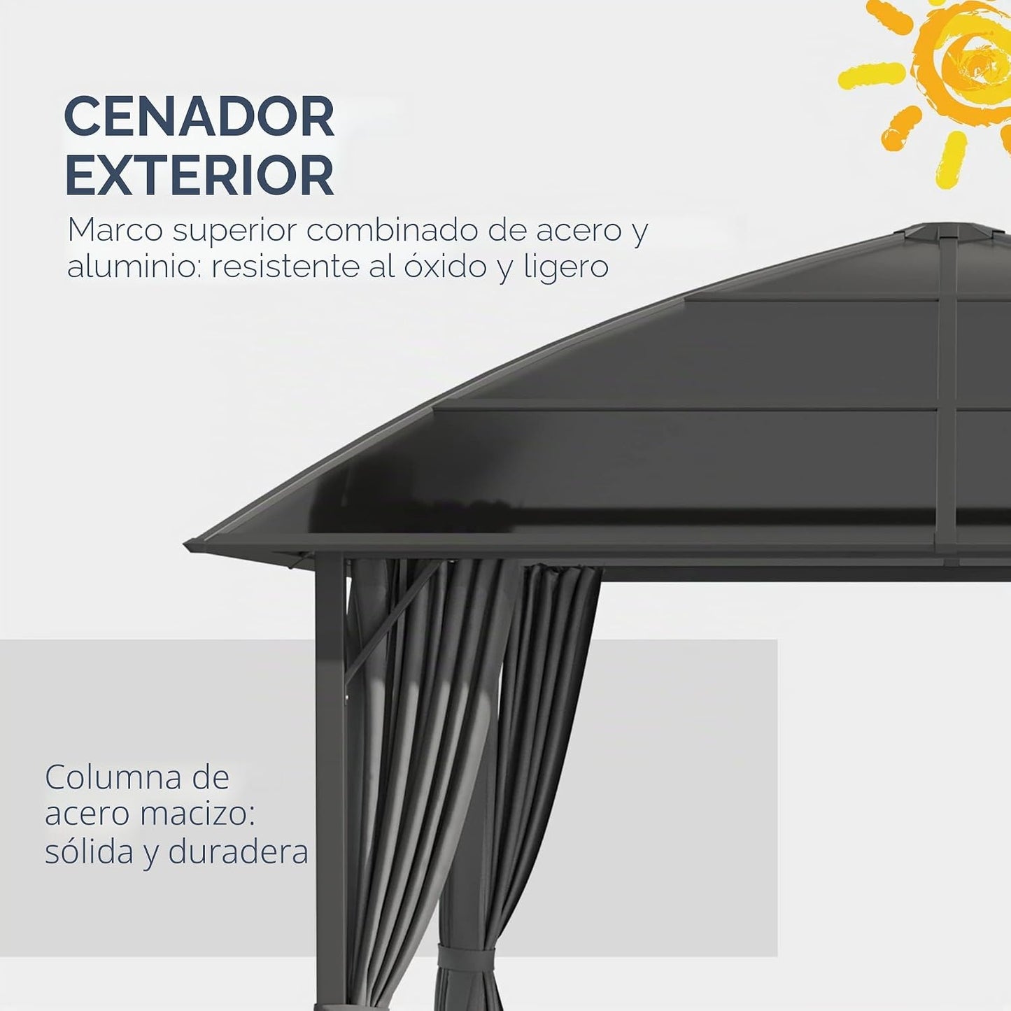 Outsunny Pérgola de Jardín Pabellón 3 x 3 m Estructura de Aluminio y Metal Techo de Policarbonato UV 60+ Impermeable con Paredes Laterales y Cortinas Deslizantes Gris Oscuro