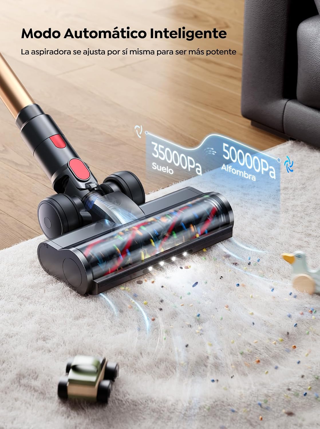 Aspiradora sin Cable 50KPa/600W/65Min(ECO), Aspiradora Escoba Vertical Potente con Cepillo para Colchón, Manguera 1M, Cepillo Anti-Enredo con Luz, Modo Automático, Carga Pared, Coche/Suelos/Alfombras