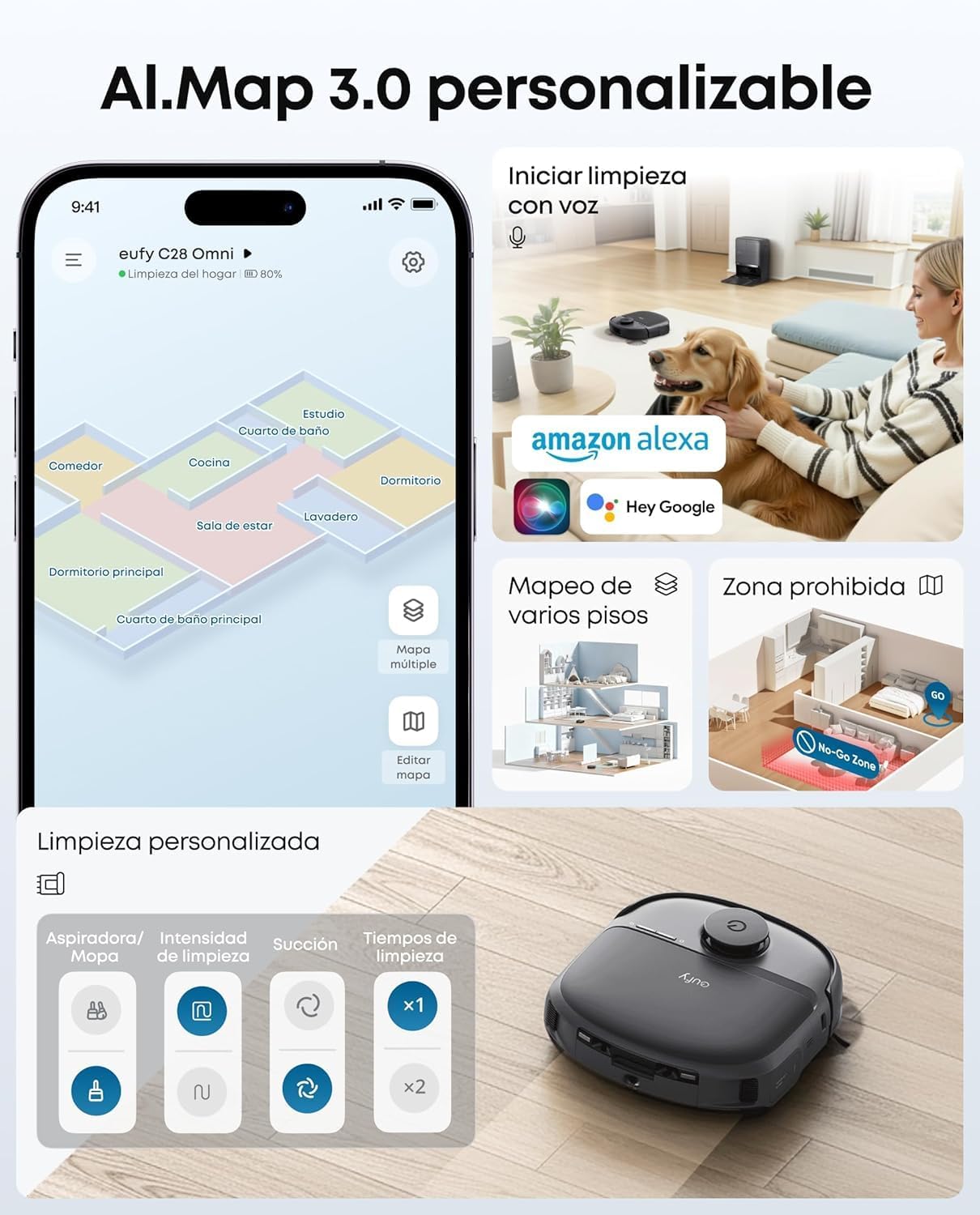eufy Nuevo edición 2026 Robot Aspirador y fregasuelos, C28 Omni, Rodillo autolimpiante HydroJet, 15.000 Pa, 5 en 1 para el hogar, diseño antienredos evitación de obstáculos con IA, Mejora X10 Pro