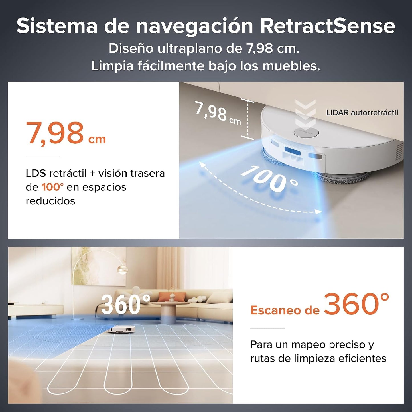 roborock Qrevo EdgeT Robot Aspirador con FlexiArm y Sistema Doble Desenredos, Succión 18500 Pa, 7,98 cm Ultrafino, Base Multifuncional 3.0 con Agua Caliente para Lavar Mopa, Controlado por App y Voz