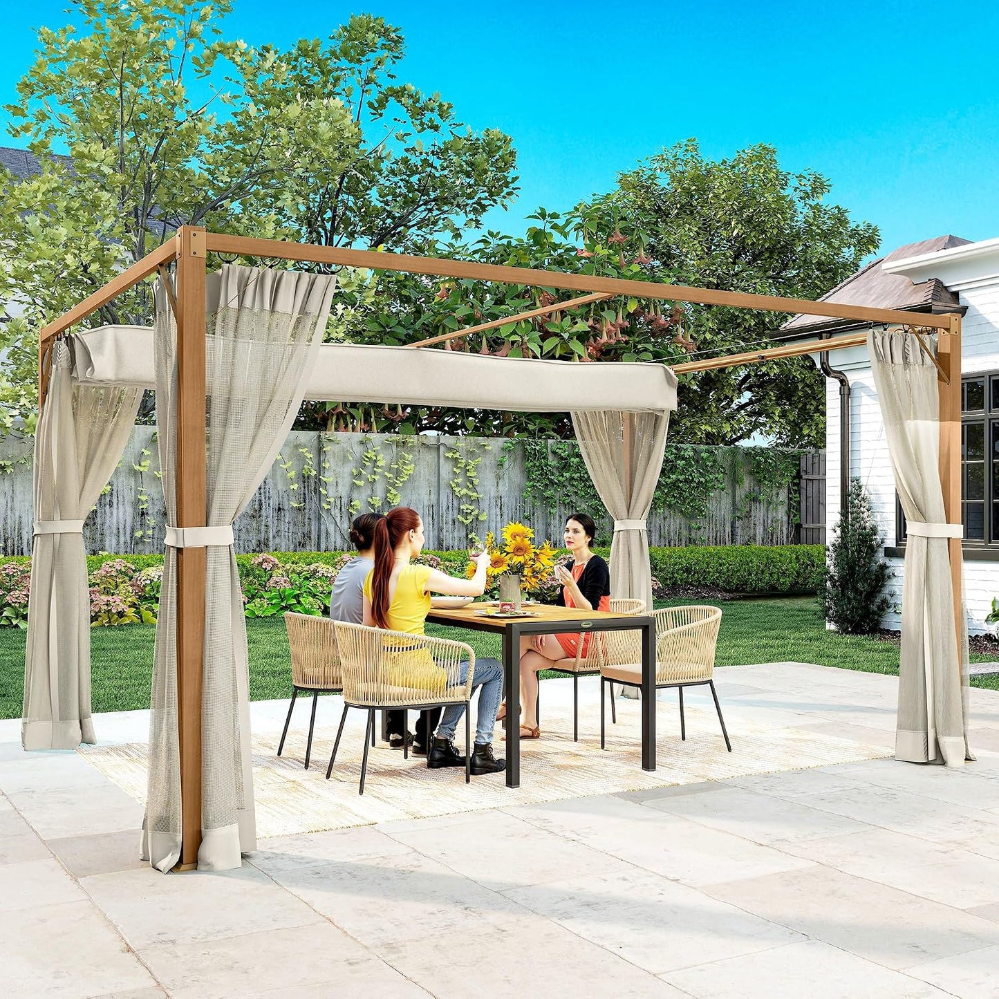 Outsunny Pérgola de Jardín 3x4 m con Techo Retráctil y 4 Paredes Laterales de Malla, Cenador de Jardín con Estructura de Aluminio, UPF30+, Pabellón para Exterior, Patio, Terraza, Natural