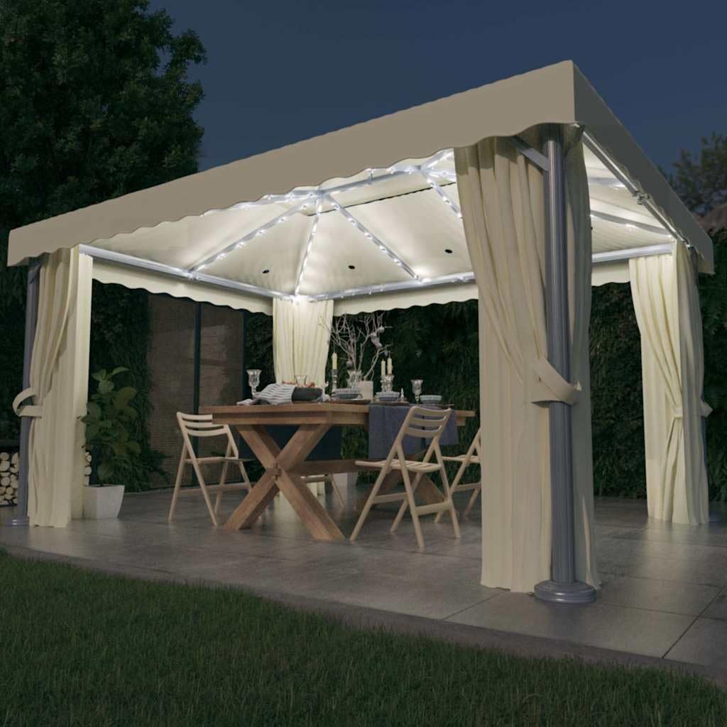 vidaXL Cenador con Cortina y Tira de Luces Lateral Pérgola Jardín Patio Toldo Sombrilla Parasol Tienda Carpa Marquesina Aluminio Crema 4x3 m