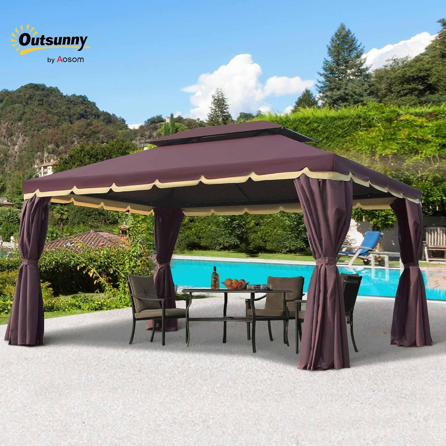 Outsunny Cenador de Jardín 4x3 m Gazebo de Aluminio con Techo de Ventilación 4 Cortinas Laterales 4 Mosquiteras y 8 Orificios de Drenaje para Fiestas Eventos Exterior Café