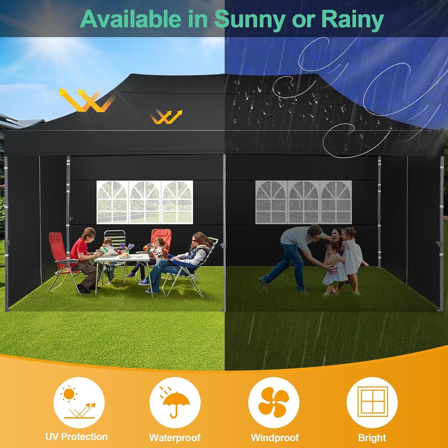 COBIZI Carpa Plegable 3x6 con Pared Lateral,Impermeable Carpa Plegable,Carpas para Exteriores Pergola,Cenadores para Jardin Fiesta Camping Playa (3 por 6m Negro)