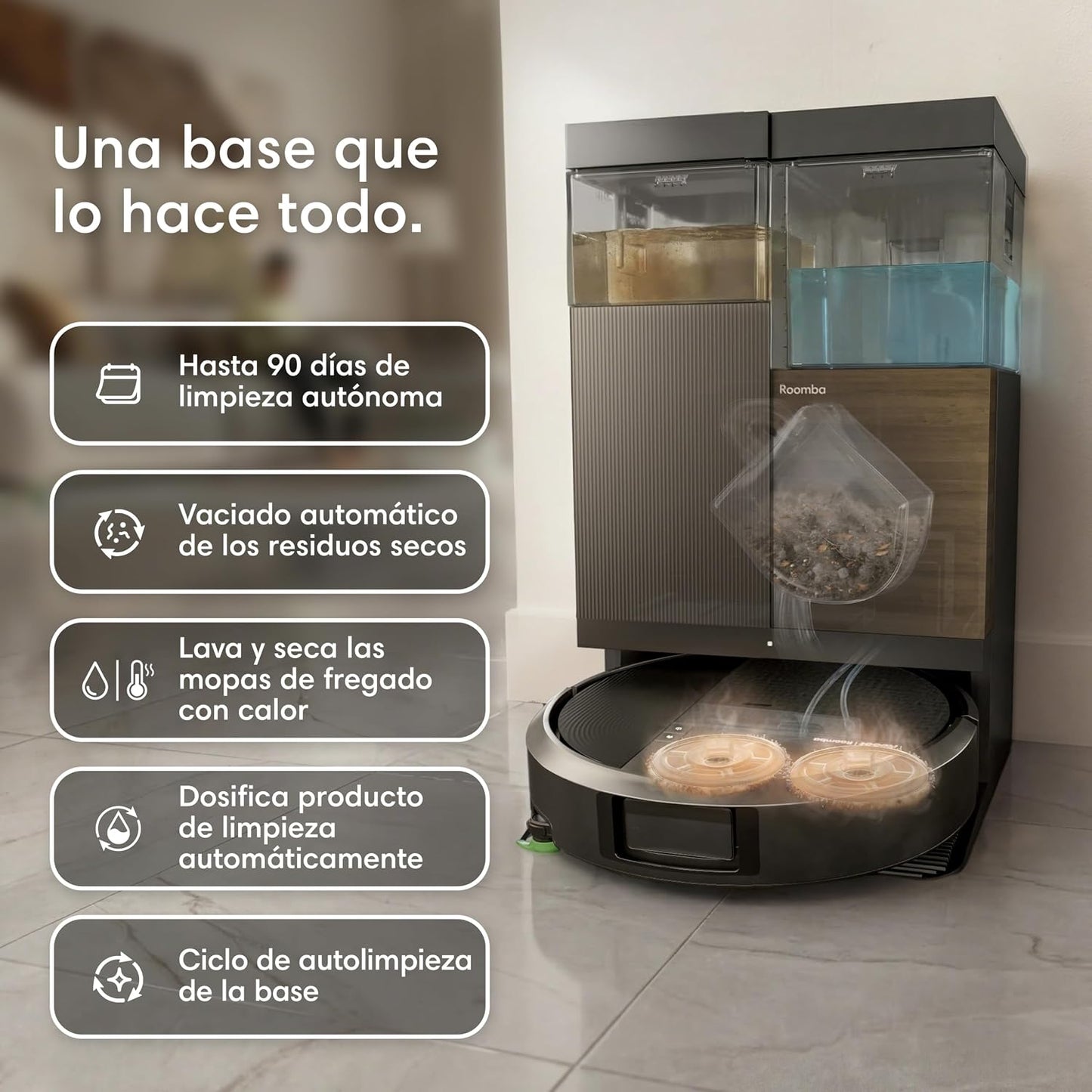 iRobot Roomba Plus 576 Combo y Base AutoWash multifunción, 25KPa, Mopas DualClean PerfectEdge, Lavado/Secado Calor, IA, PrecisionVision, Clearview Pro LiDAR, 90 días autonomía,Accesorios Extra, Negro