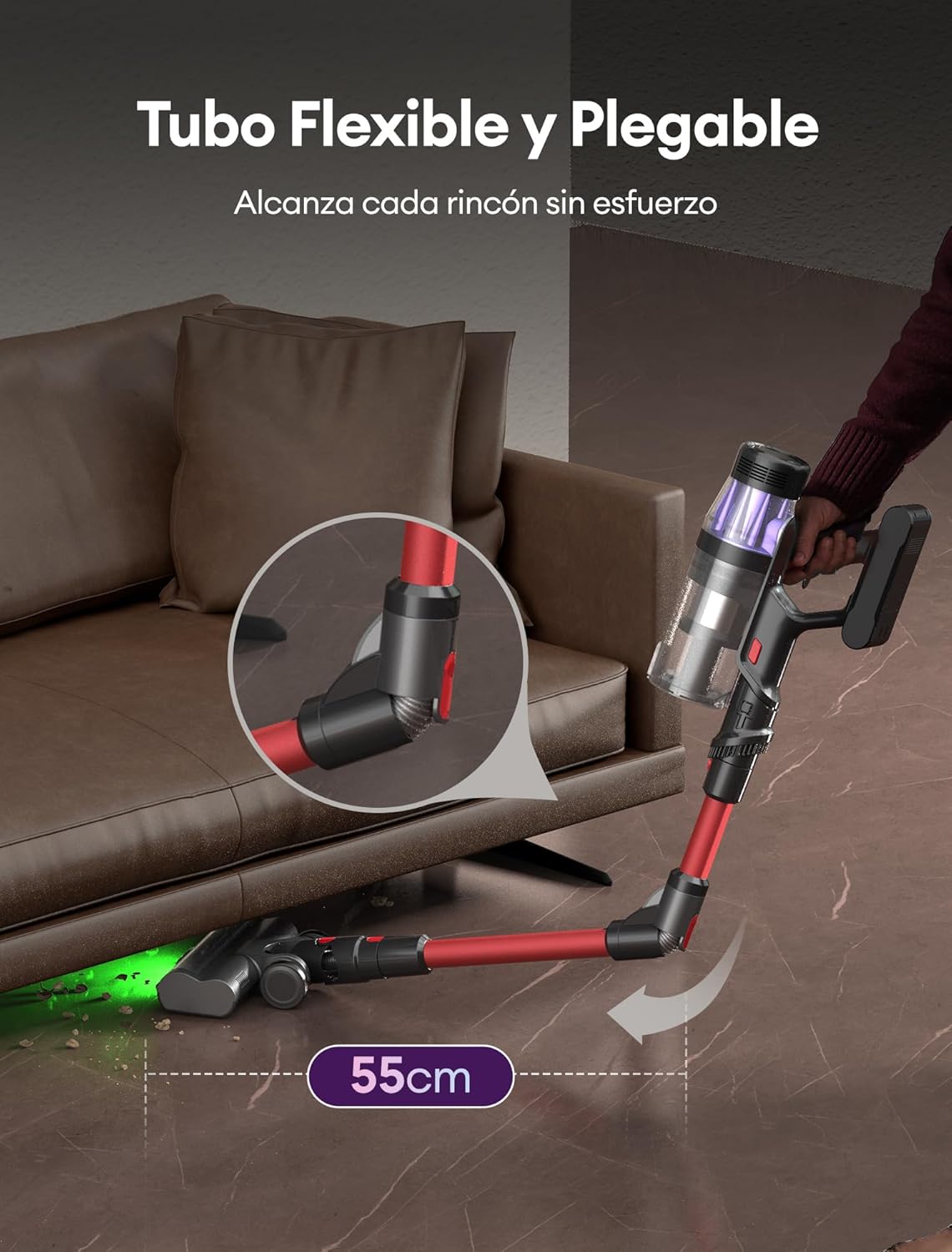 Ultenic Aspiradora sin Cable 55Kpa/60Min, Pantalla LED Muestra Batería Restante en Minutos, Escoba Aspiradora Antienredo con Tubo Articulado, Limpia el Fondo de los Muebles sin Agacharse