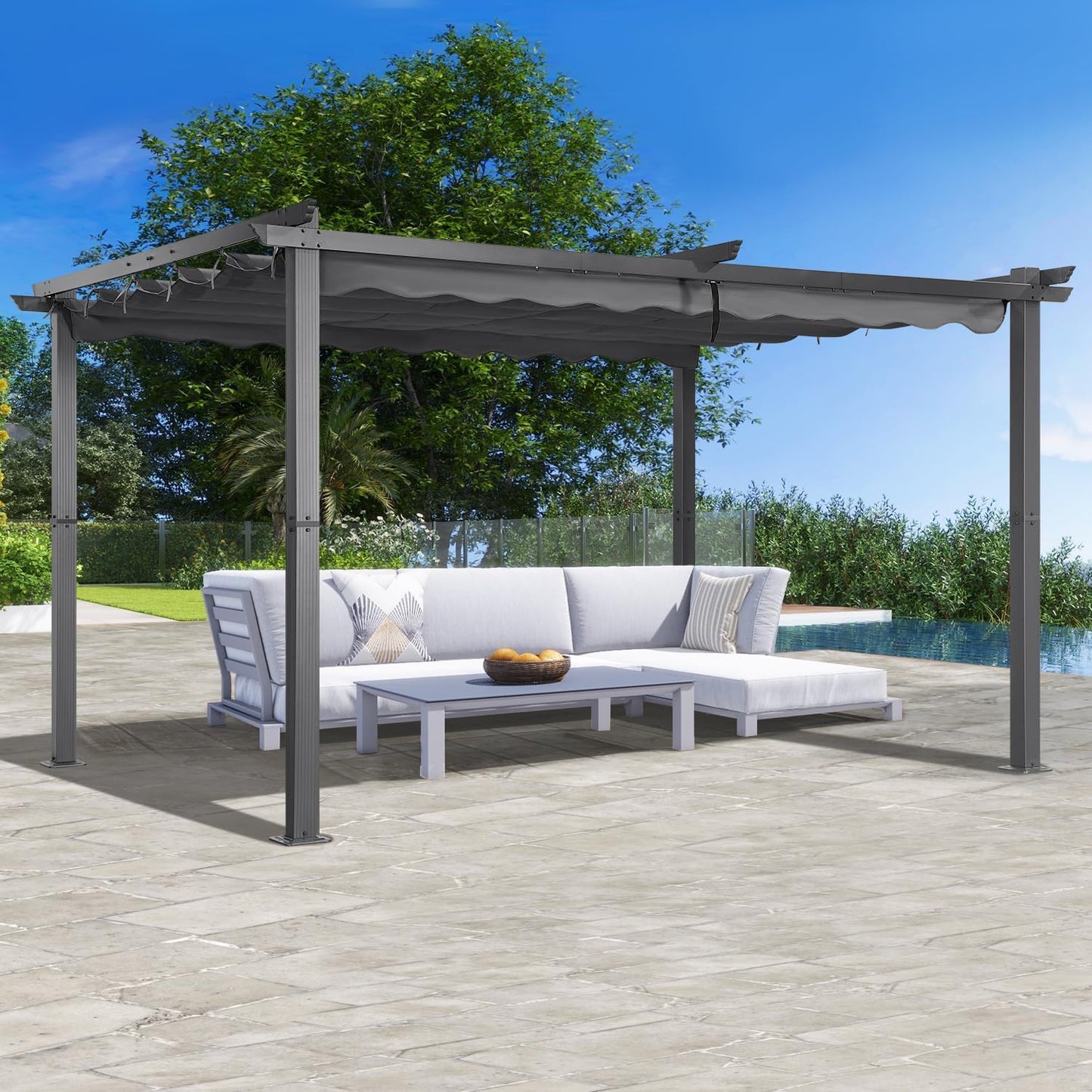 Angel Living Pérgola de Aluminio de 3 x 4 m con Techo retráctil, Pabellón con Diseño Elegante, Cenador con Tela de Poliéster Resistente al Agua y a UV, para Exteriores, Patio, jardín (Gris, 3 x 4)