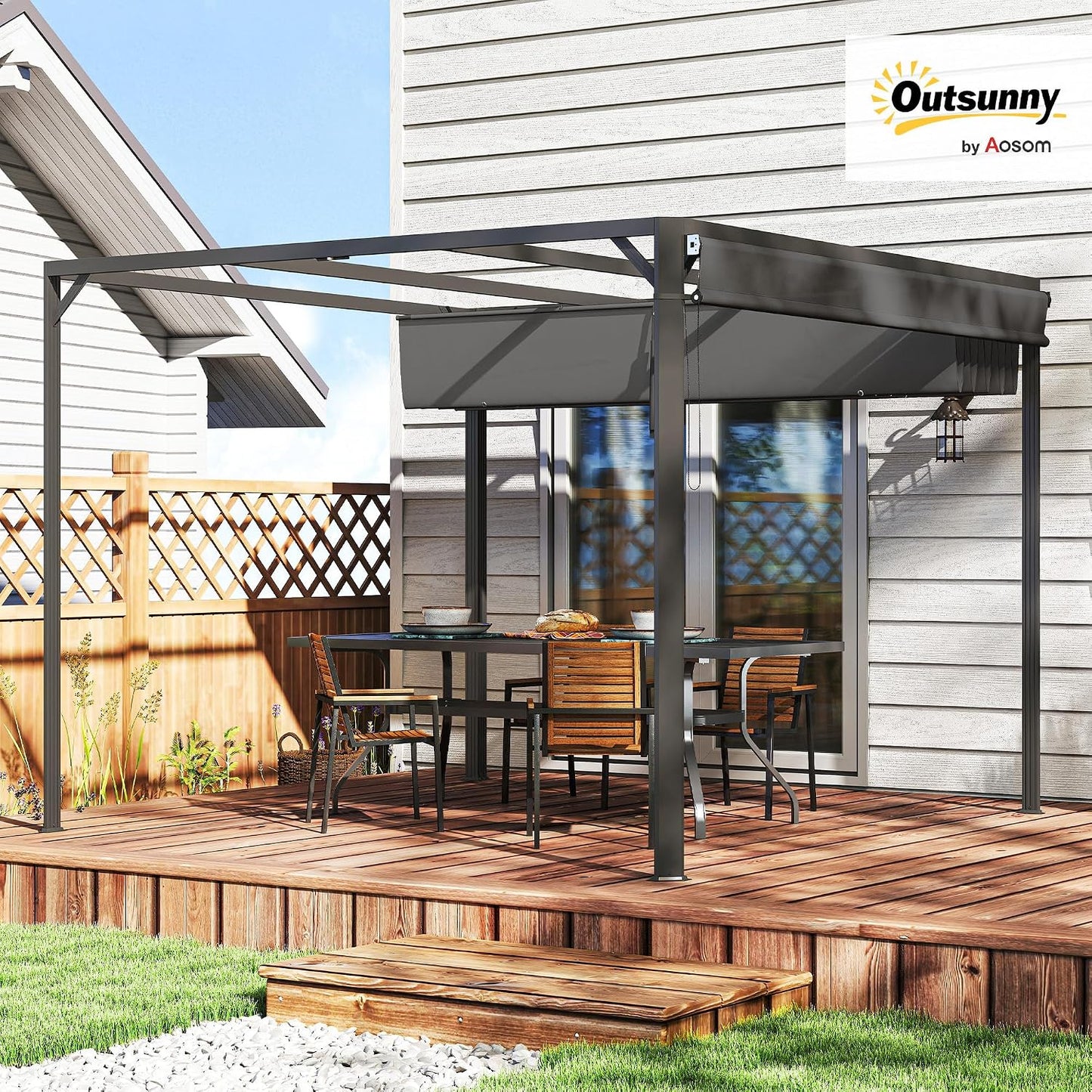 Outsunny Pérgola de Jardín 3x3 m con Techo Retráctil, Pared Lateral Enrollable y Estructura de Aluminio, Cenador de Jardín con UPF30+, Pabellón para Exterior, Patio, Terraza, Gris Oscuro