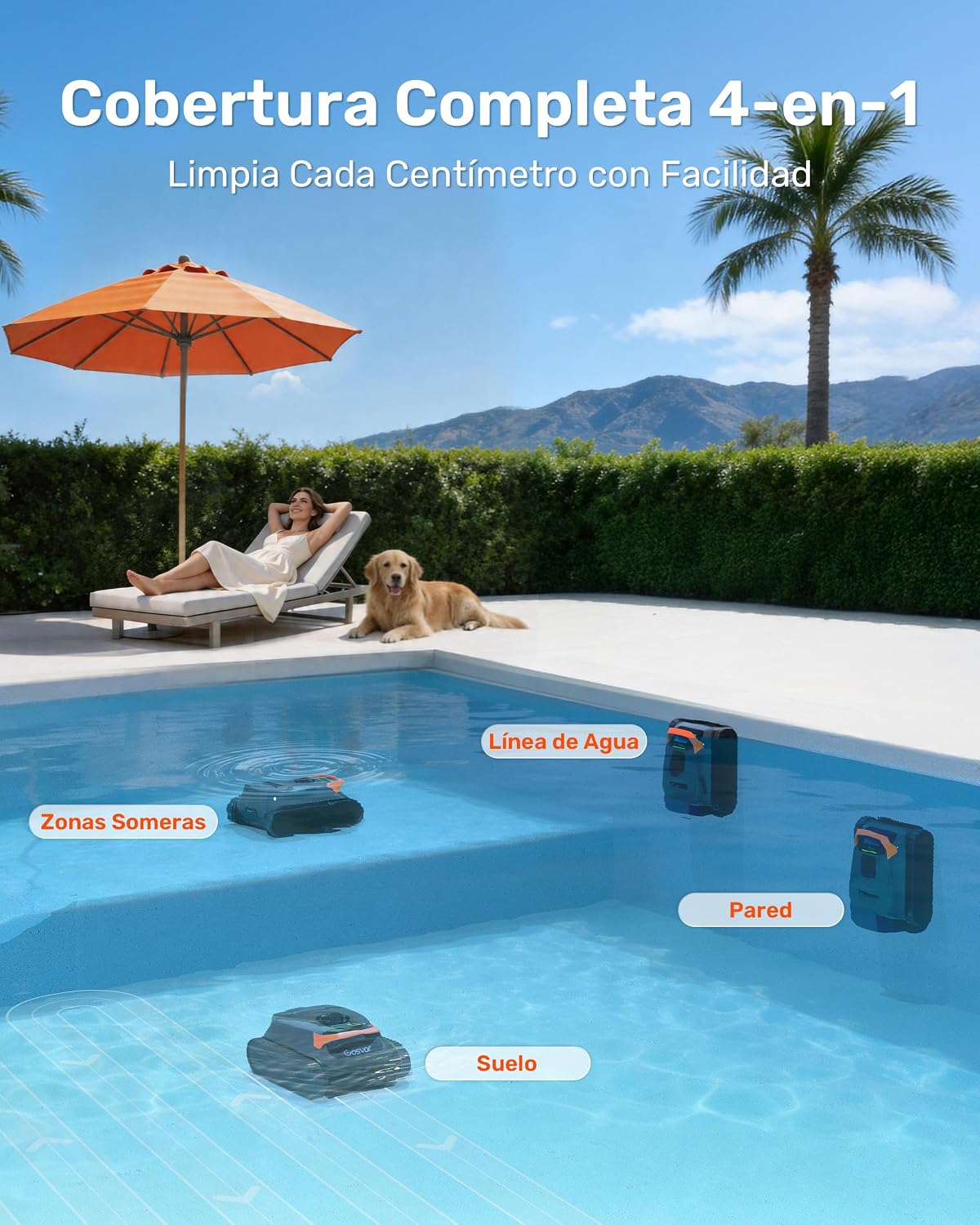 Gosvor (Nuovo 2026 Robot Piscina Limpiafondos y Paredes, Doble Filtración, Planificación Inteligente Rutas, 5 Modos, Control App, 200Min Autonomía, Línea Agua y Zona Poco Profunda,Gris Naranja